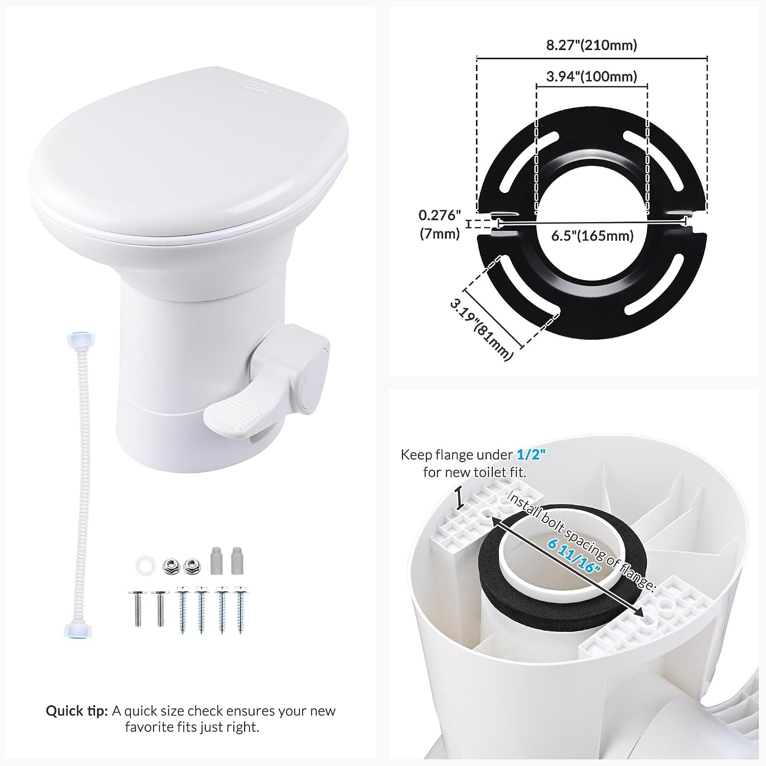 Yescom RV Camper Toilet Porcelain Ceramic Enamel & HDPE Gravity Flush 20' High Foot Pedal for Travel Trailer Motorhome Caravan