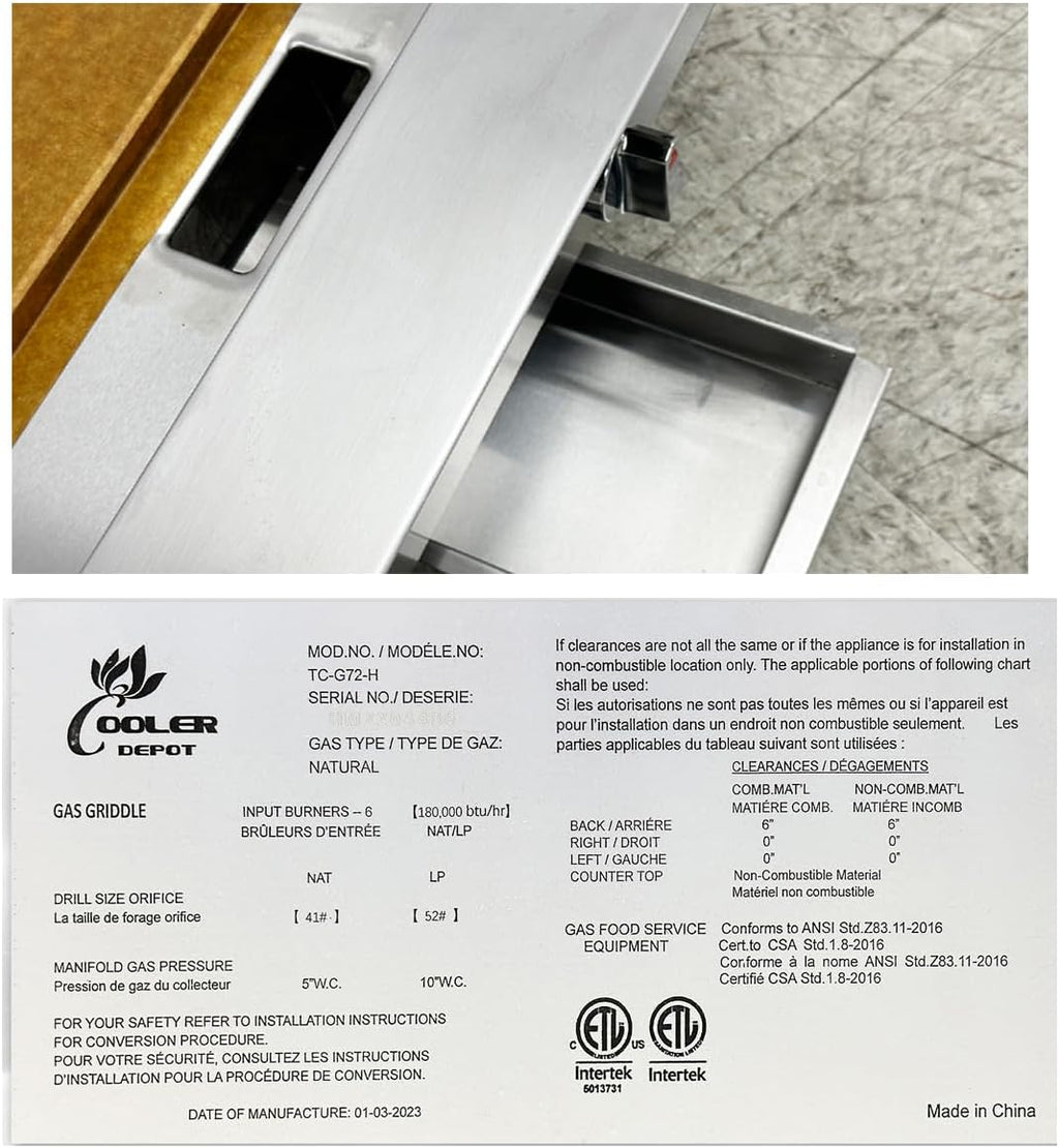 Commercial Griddle 72' Countertop Natural Gas - 180000 BTU ETL TC-G72-H