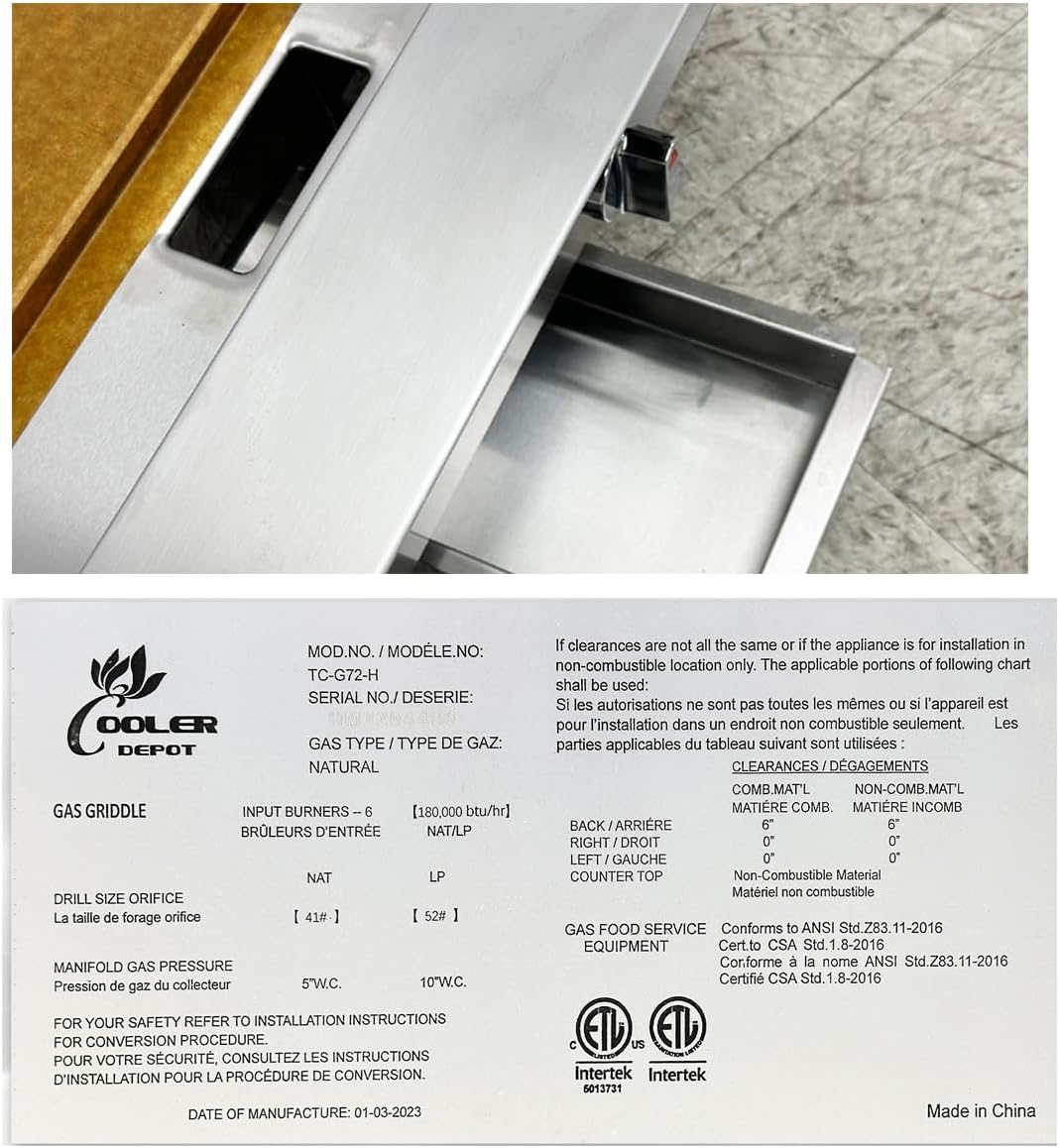 Commercial Griddle 72' Countertop Natural Gas - 180000 BTU ETL TC-G72-H