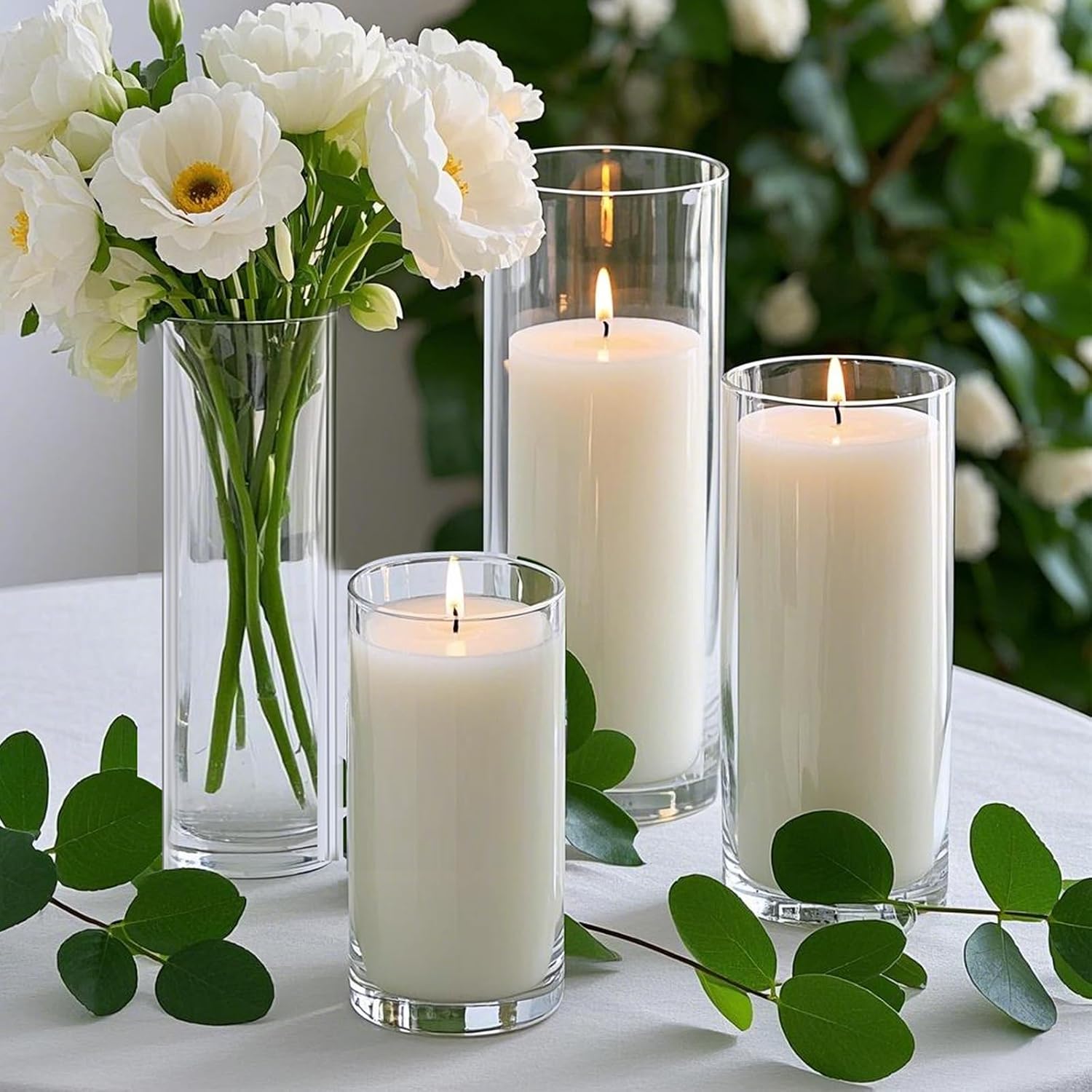 Homjoy 36 PCS White Pillar Candles with Glass Candle Holders Clear Hurricane Candle Holders Glass Cylinder Vases for Centerpieces Wedding Party, Event, Home Office (18 Candles+18 Candle Hoders)