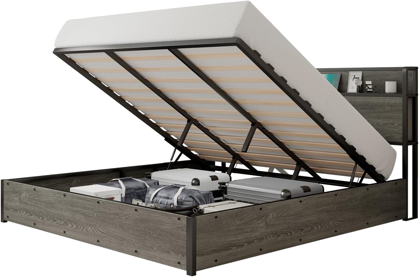LUXOAK Full Size Lift Up Storage Bed, Wood Platform Bed Frame with Storage Headboard & Charging Station, No Box Spring Needed, Easy Assembly, Rustic Grey