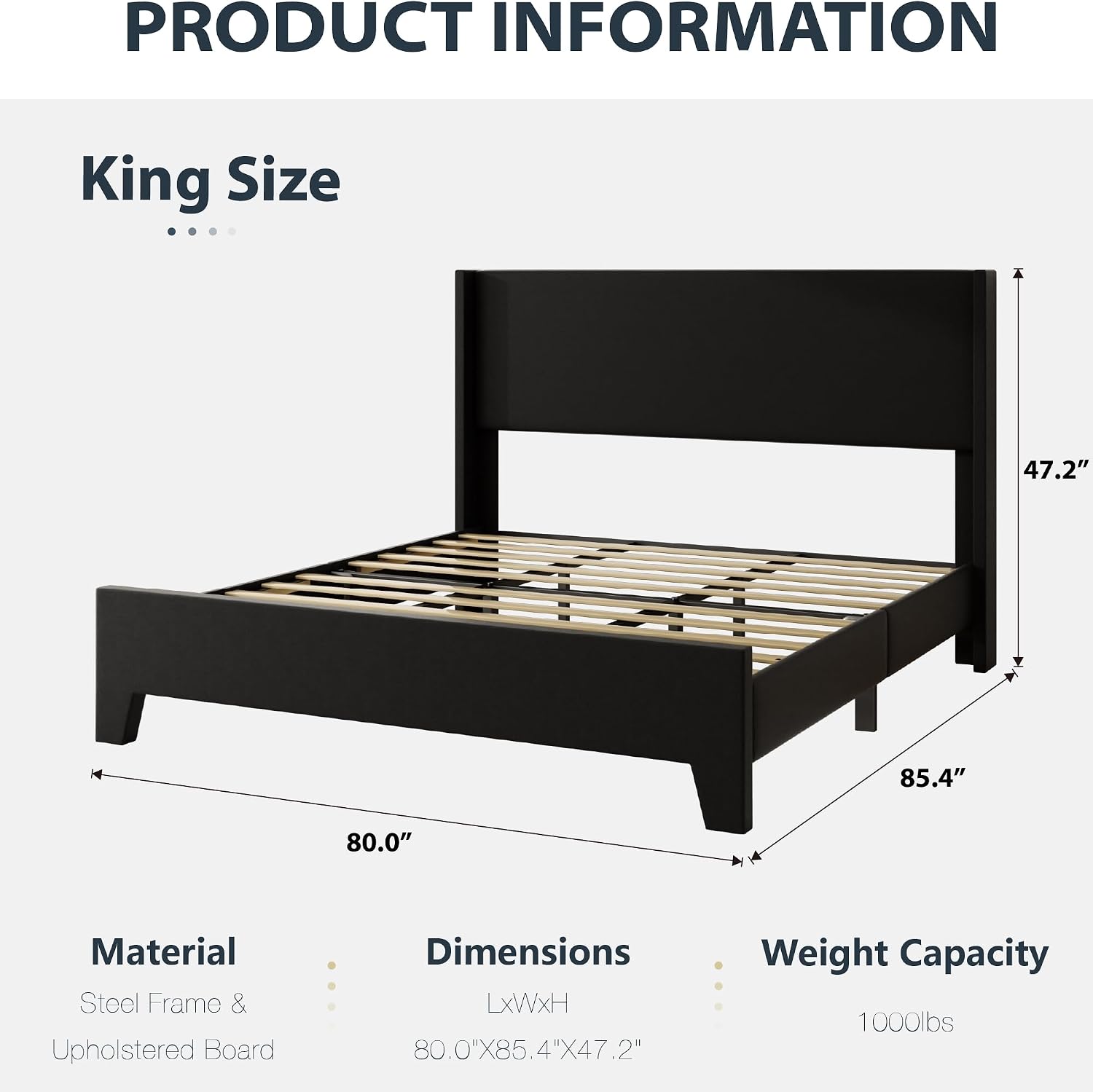 King Bed Frame with Faux Leather Upholstered Headboard, Wear-Resistant, Easy Clean, Mattress Foundation, No Box Spring Required, Easy Assembly, Black