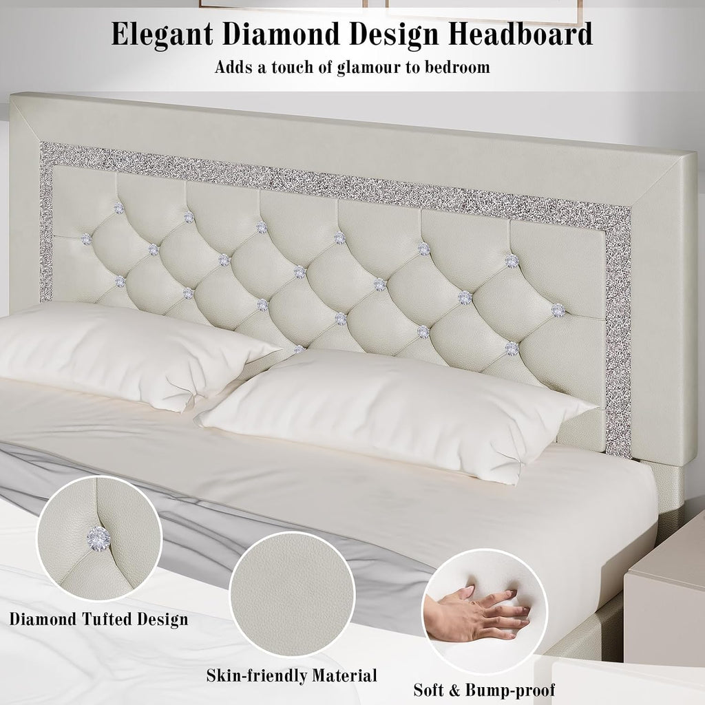 BarnFurin Full Bed Frame with Diamond Tufted Headboard, Faux Leather Upholstered Bed with Wooden Slats Support, No Box Spring Needed, Mattress Foundation, Easy Assembly, Cream