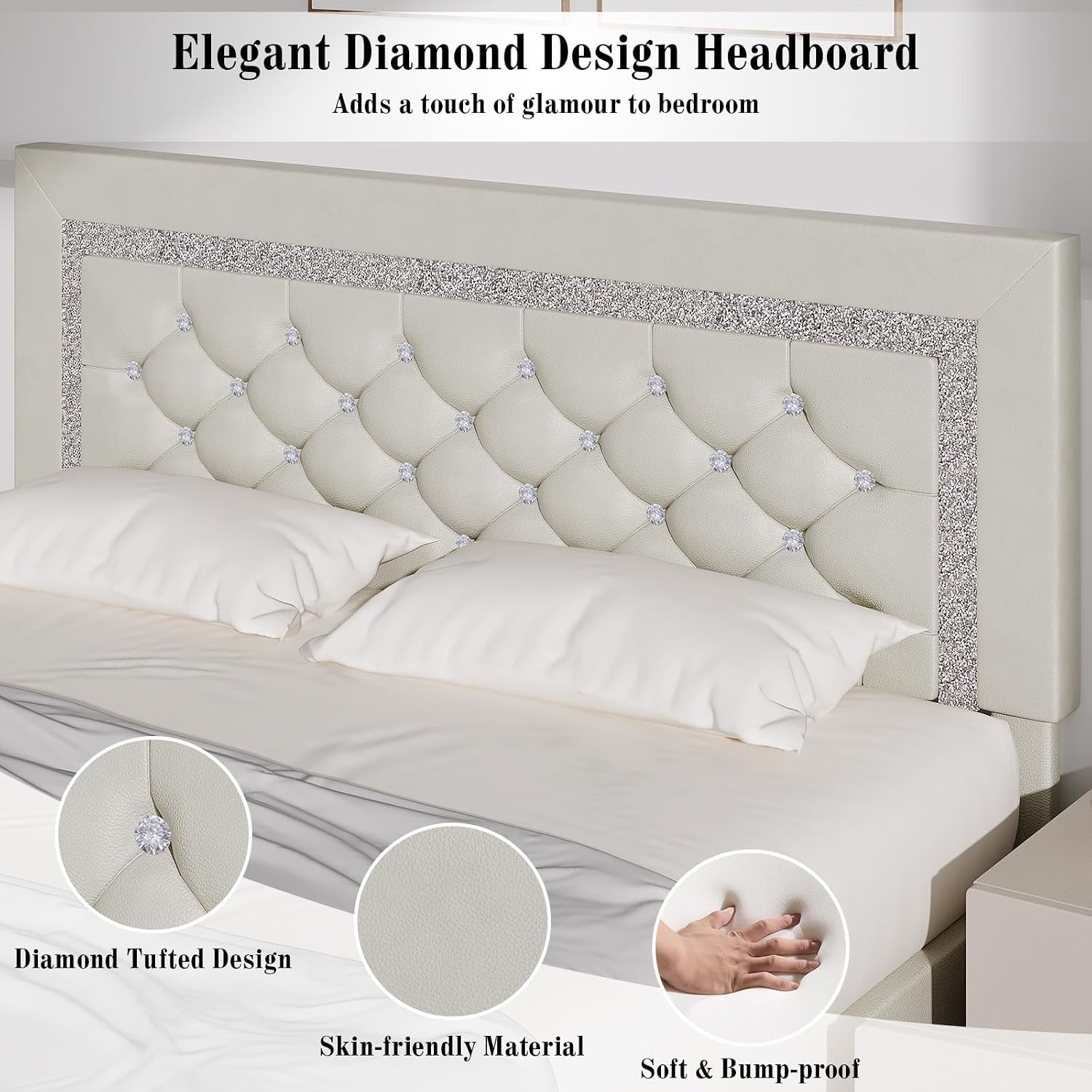 BarnFurin Full Bed Frame with Diamond Tufted Headboard, Faux Leather Upholstered Bed with Wooden Slats Support, No Box Spring Needed, Mattress Foundation, Easy Assembly, Cream