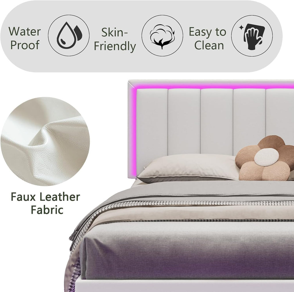 IMMERSTABLE Queen Size Floating Bed Frame with LED Lights, Upholstered Platform Bed with Headboard, 11 in Storage Clearance, Solid Wood Slats, No Box Spring Needed, Easy Assembly, White