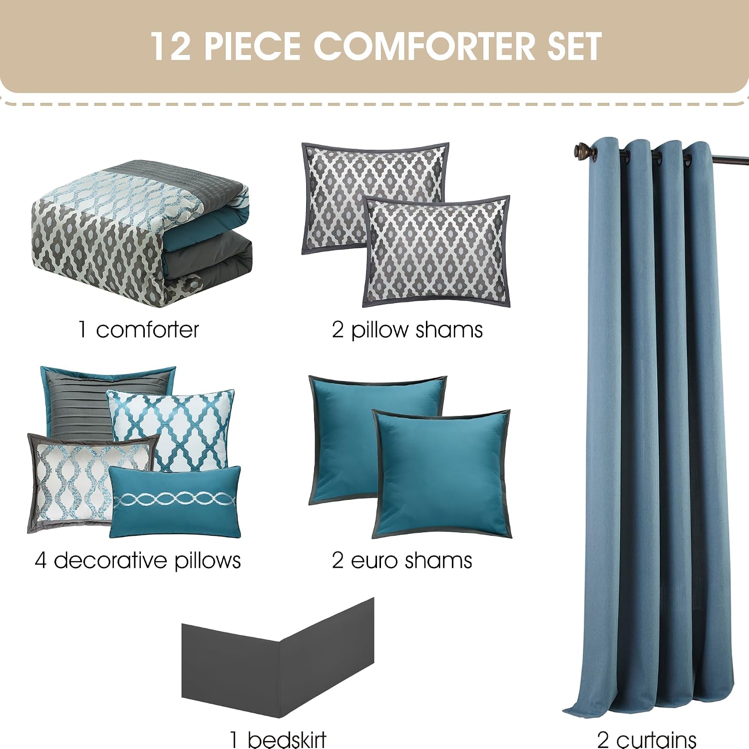 Stratford Park Geometirc California King Blue Comforter Set, 12 Piece, Jacquard Bedding Comforters & Sets, Bedskirt, Pillows, Euro Shams & Curtains Ultra-Soft