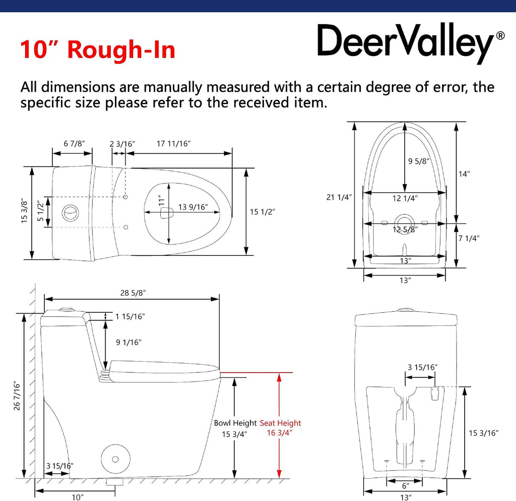 One Piece Toilet DeerValley 10' Rough-In Toilet for Bathroom 1.1/1.6 GPF Dual Flush Standard Bathroom Toilet with Soft-Closing and Quick-Release Seat DV-1F52816R