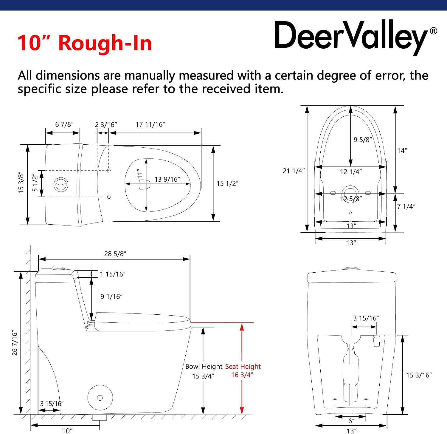 One Piece Toilet DeerValley 10' Rough-In Toilet for Bathroom 1.1/1.6 GPF Dual Flush Standard Bathroom Toilet with Soft-Closing and Quick-Release Seat DV-1F52816R