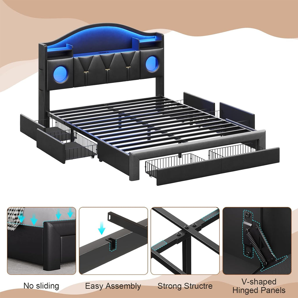 Queen Bed Frame with 6 Storage Drawers and Headboard,Bed Frame Queen Size with Charging Station & LED Light,Platform Metal Bed Frame with Storage,Queen Bed No Box Spring Needed,Easy Assembly,PU Black