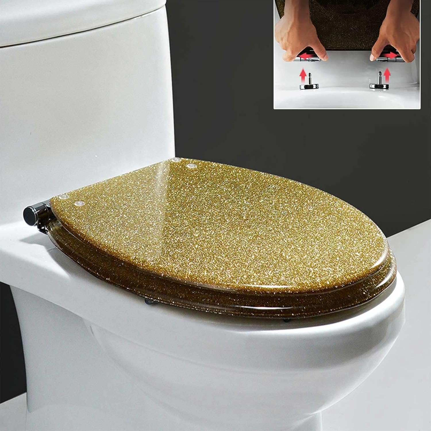 Glitter Resin Toilet Seat Elongated, Soft Close Quick Release, Easy Installation/Remove, Fit All Standard Oval-Shape (Gold)