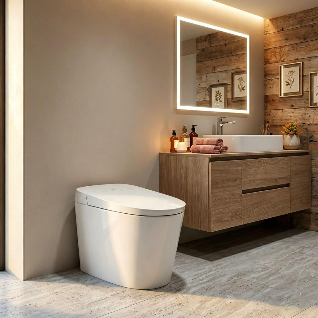 R&T U69-T One-Piece Smart Toilet with Pump-Assisted Flush & Built-in Tank, Chair Height Comfort - Auto Flush, Heated Seat, Warm Air Dryer, Auto Open Lid, Night Light, Deodorizer, Remote Control