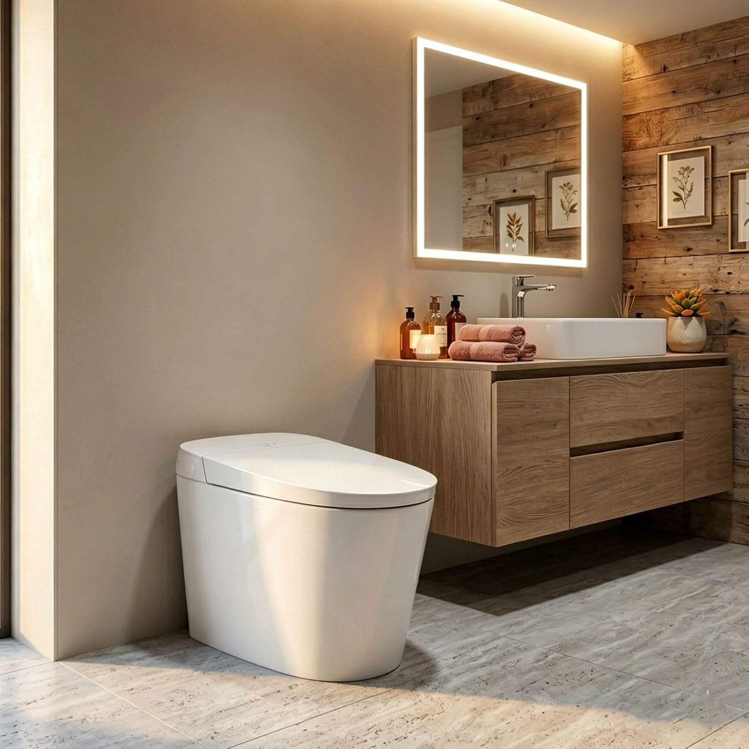 R&T U69-T One-Piece Smart Toilet with Pump-Assisted Flush & Built-in Tank, Chair Height Comfort - Auto Flush, Heated Seat, Warm Air Dryer, Auto Open Lid, Night Light, Deodorizer, Remote Control