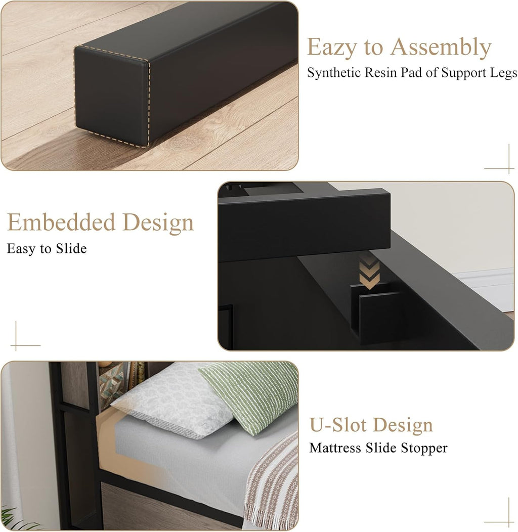 Corner Bed Frame with High Footboard Design, Full Size Bed Frame with 2 Storage Drawers and 8 Bookcases, Full Size Daybed with Charging Station for Kids Teens
