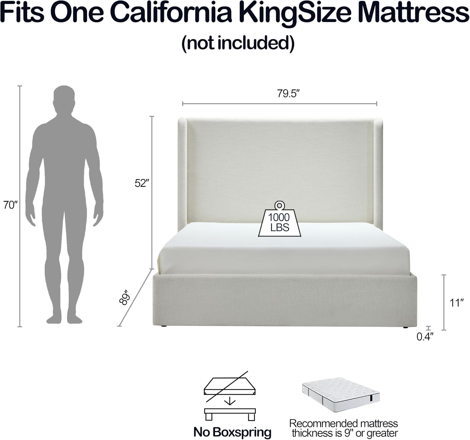 California King Size Upholstered Platform Bed Frame, 52' High Headboard Carmen Wingback Beds, Tall Headboard King Floor Bed Frames, No Box Spring Needed No Noise, Minimalist, Textured Ivory