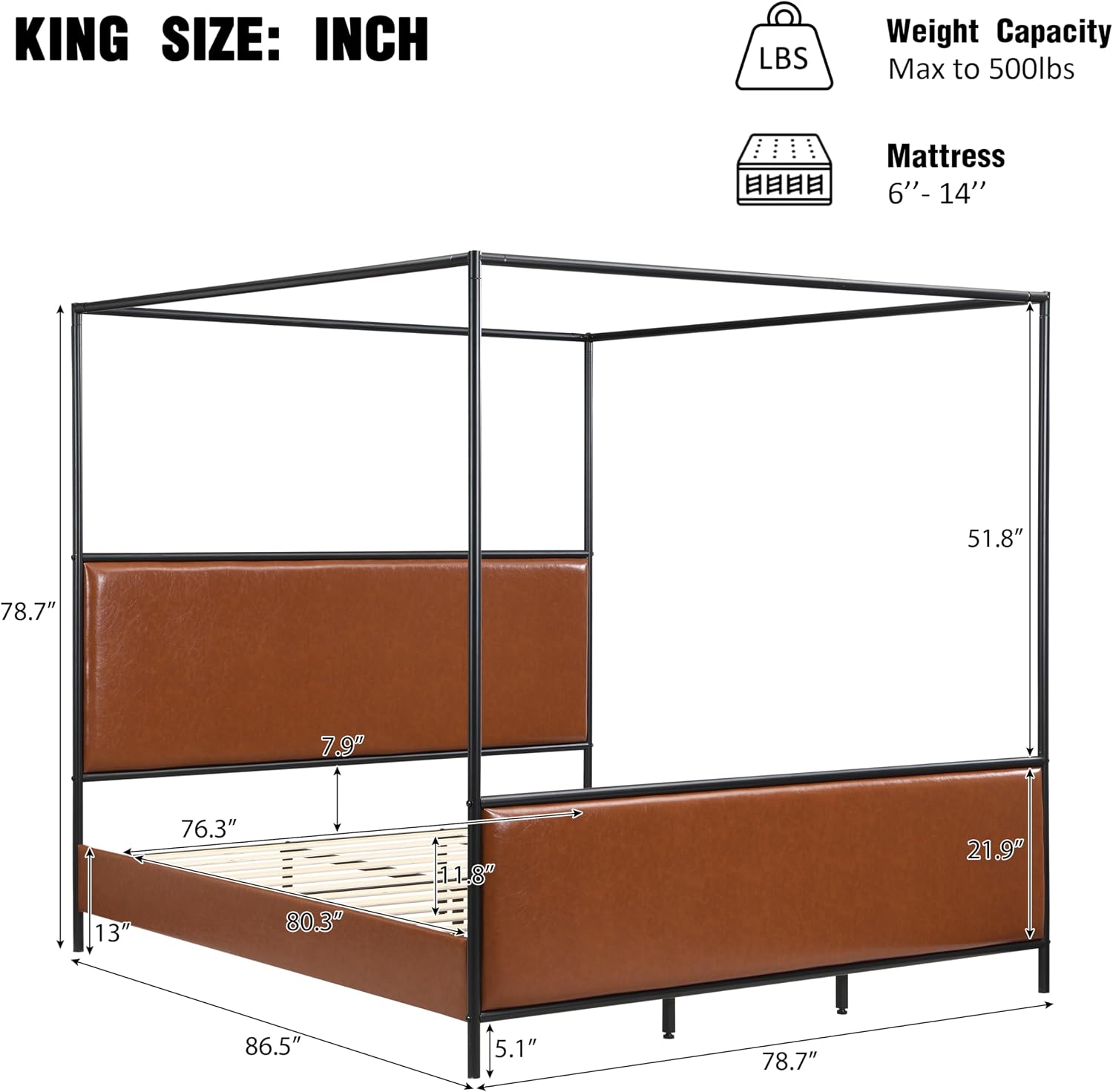 King Size Canopy Bed with Upholstered Headboard, Tall Four Poster Platform Bed for Bedroom (Brown+Black, King)