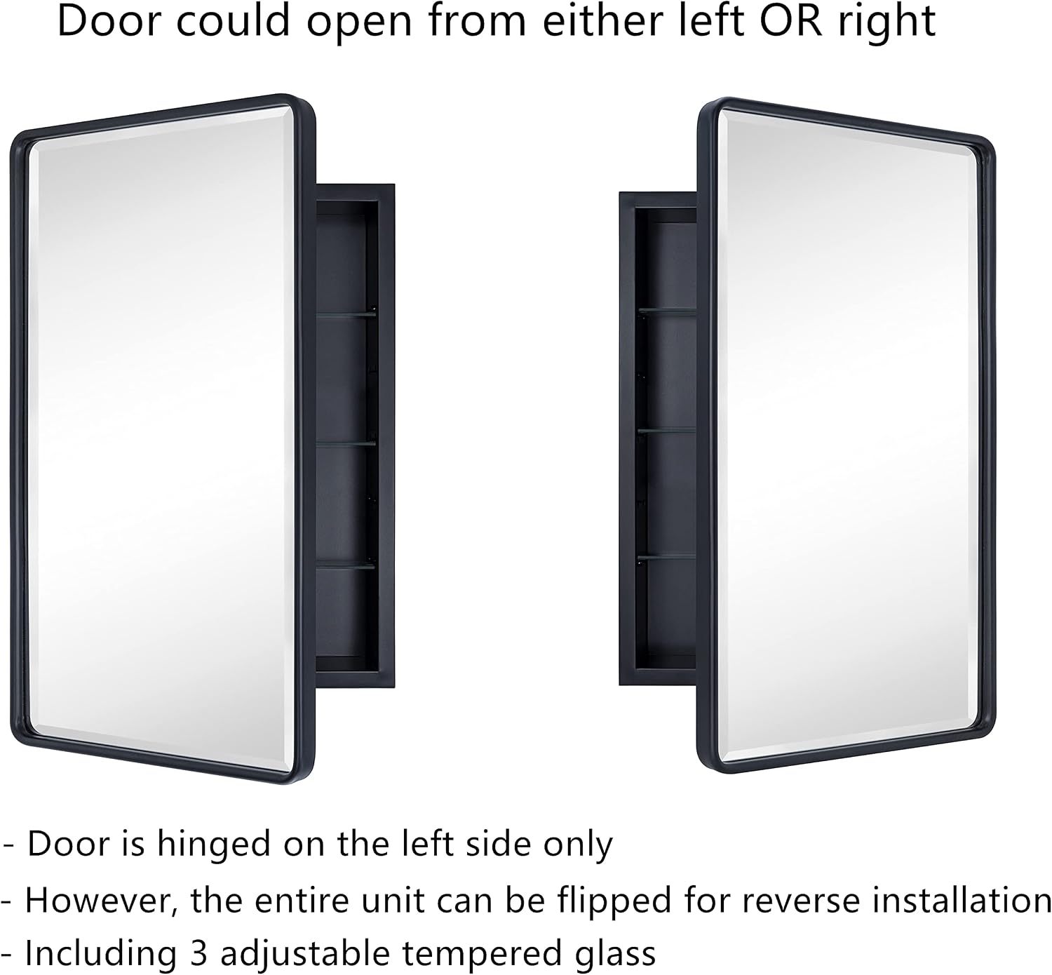 TEHOME Farmhouse Black Metal Framed Recessed Bathroom Medicine Cabinets with Mirror Rounded Rectangle Medicine Cabinet with BeveledMirros,16.5x27.5''
