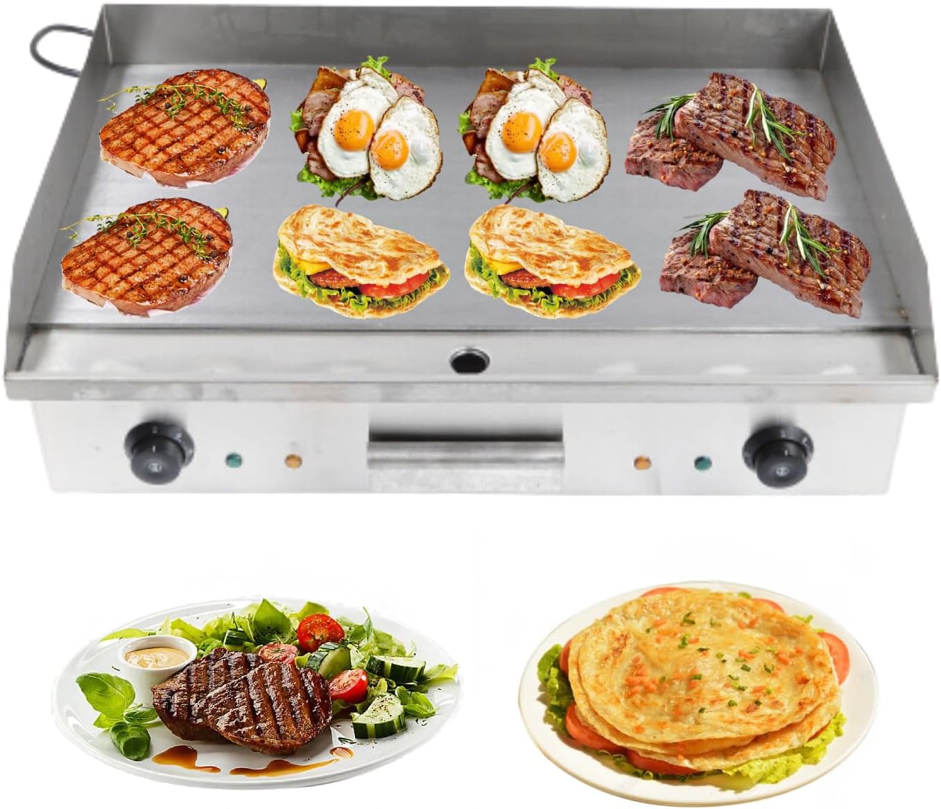 4400W Non-Stick Commercial Electric Table Top Griddle, 572°F/300℃ Thermostatic Double Control Flat Top Grill with Overload Circuit Breaker, Stainless Steel Teppanyaki Grill for Pancakes, Omelets, etc