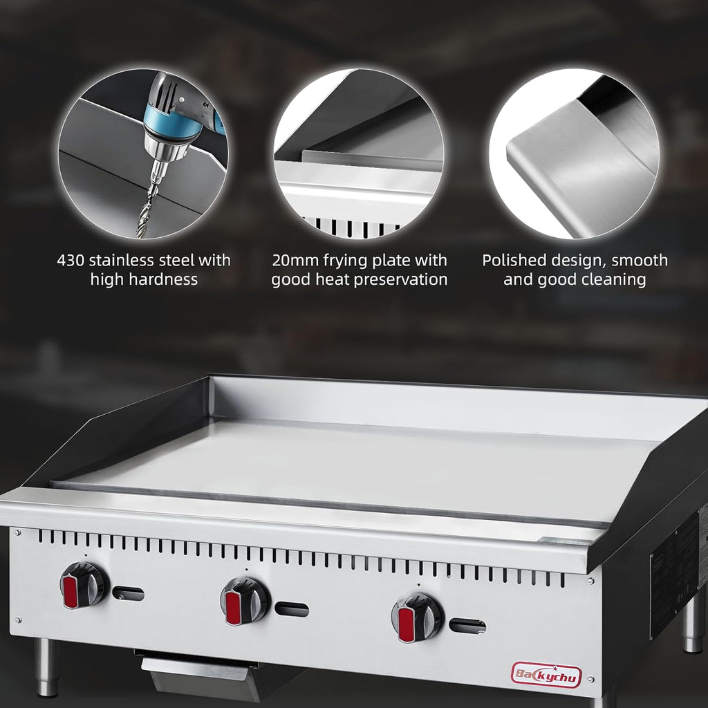 Commercial Gas Griddle - 36' Countertop Griddle. 90,000 BTU Flat Top Griddle, Natural Gas (NG) / Propane, CSA Certified Stainless Steel Teppanyaki Grill for Restaurants