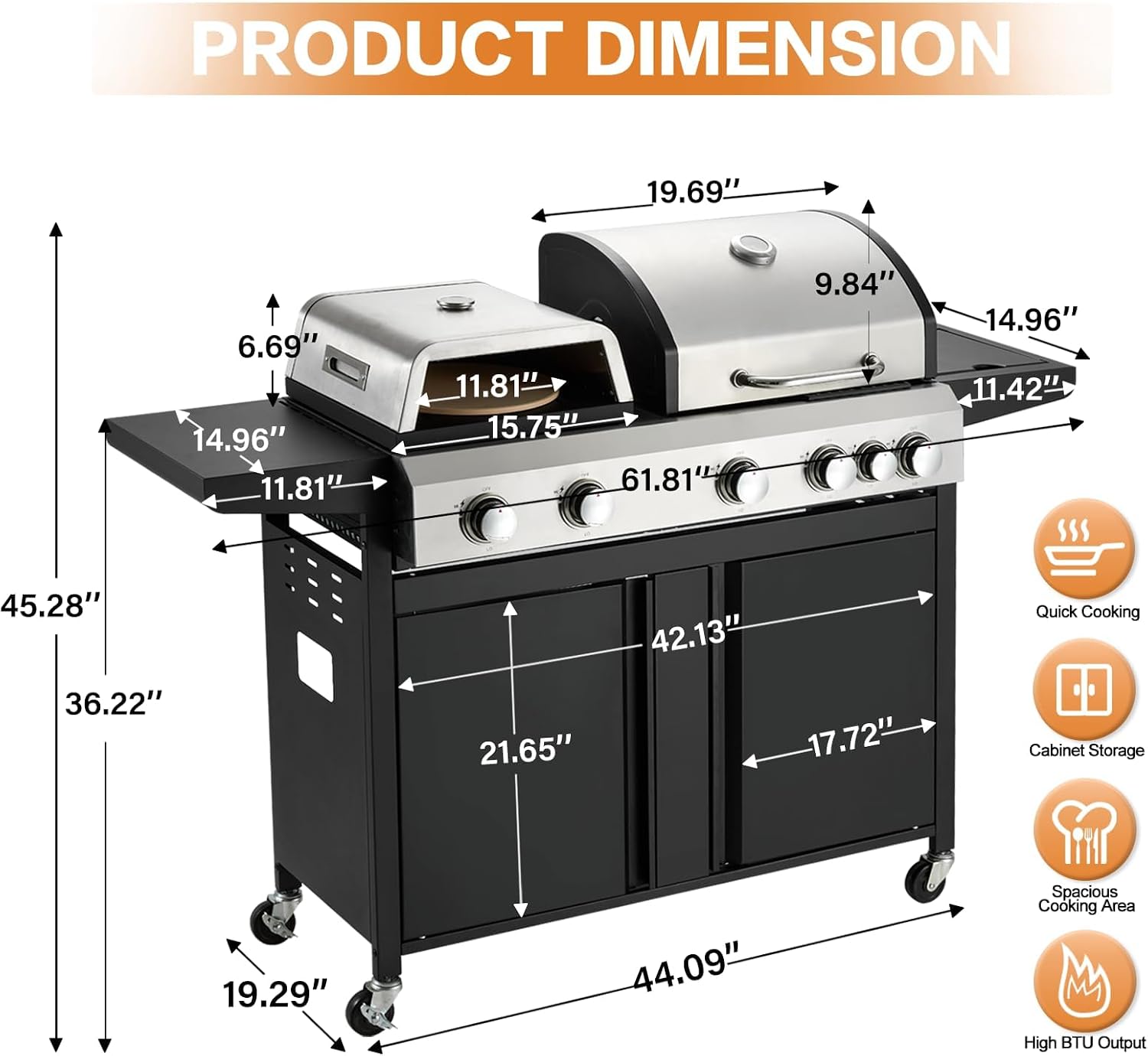 3 IN 1 Pizza Griddle Grill Combo, 74,000 BTU 5-Burner Stainless Steel Propane Gas Grill with Side Burner, Porcelain Enameled Cast Iron Grates, Griddle & Pizza Oven for Outdoor Patio Backyard