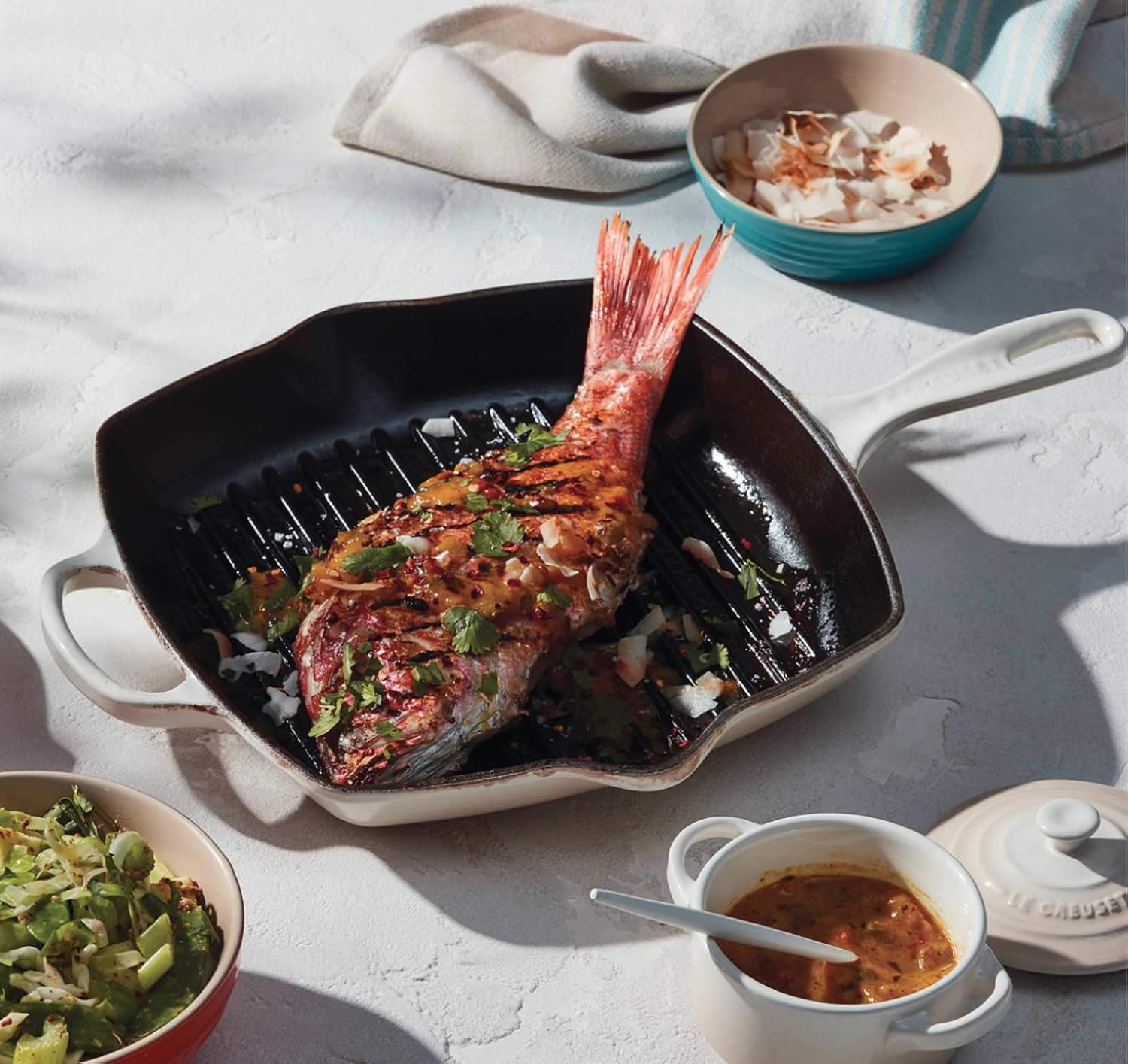 Le Creuset Enameled Cast Iron Signature Square Skillet Grill, 10.25', Meringue
