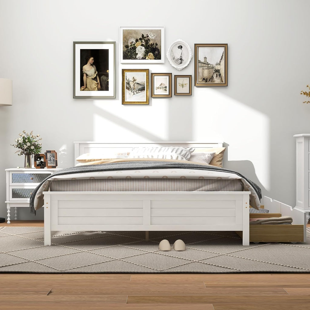 GOFLAME Full Size Bed Frame with 2 Drawers, Platform Bed with Solid Wood Headboard & Footboard, Wood Slats Support Mattress Foundation, Under Bed Storage, No Box Spring Needed, Easy Assembly, White