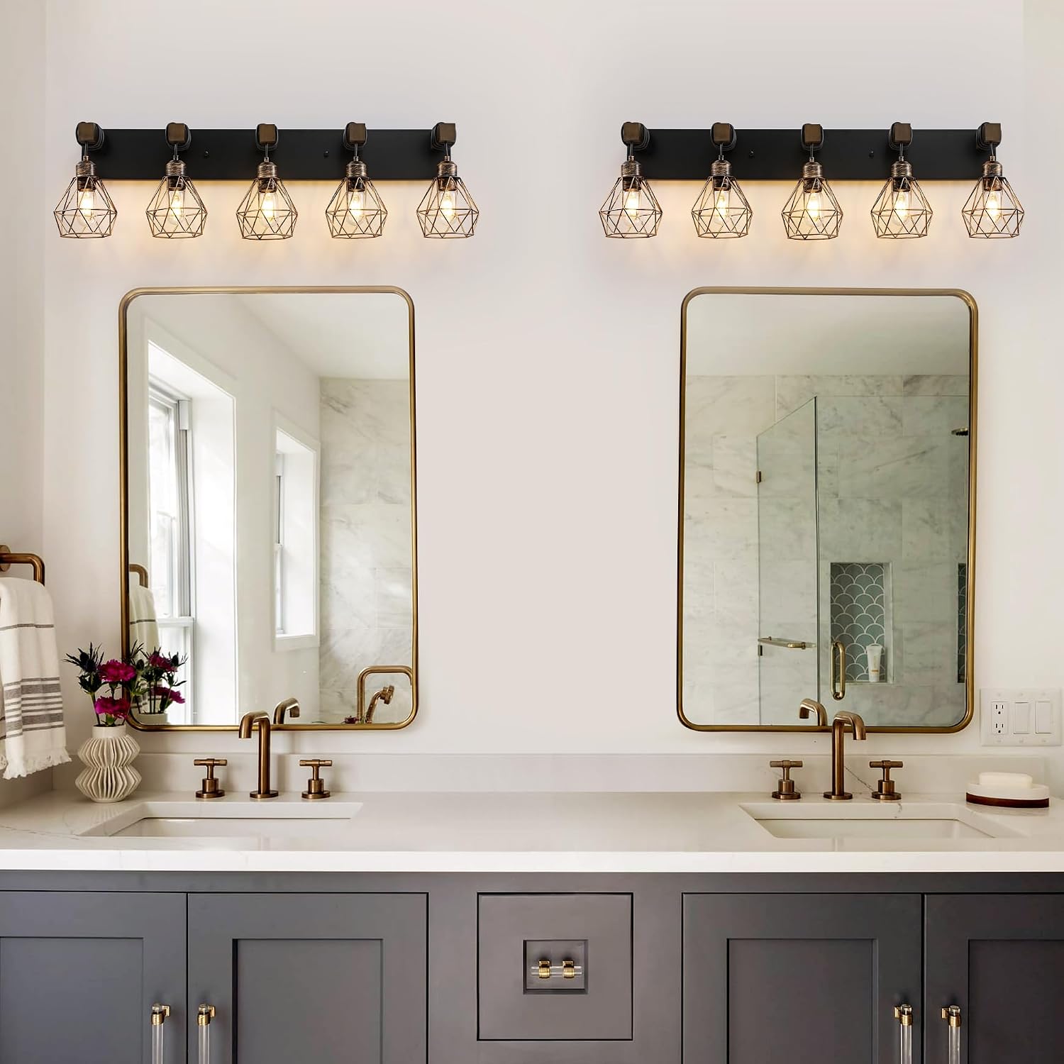 Black Gold Farmhouse Bathroom Light Fixtures, 5-Light Bathroom Lighting Fixtures Over Mirror, Rustic Wood Vanity Lights Wall Sconces with Metal Lampshade for Living Room