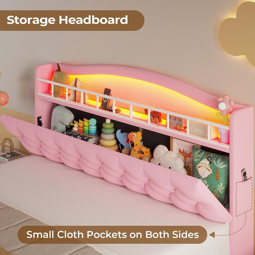 HAUOMS Full Bed Frame with LED Lights, Princess Velvet Upholstered Platform Bed for Girls, Headboard with Charging Station & Guardrail & Crystal Button, No Box Spring Needed, Pink