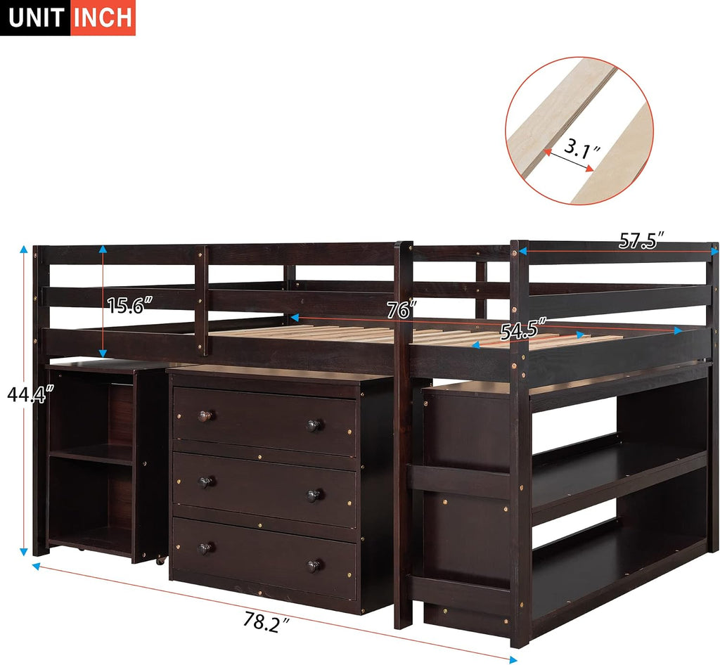 Low Loft Bed Loft Bed with Drawers and Storage Cabinet, Solid Wood Loft Bed with Desk and Shelves for Kids Teens Adults, No Box Spring Needed, Space Saving, Full Size, Espresso