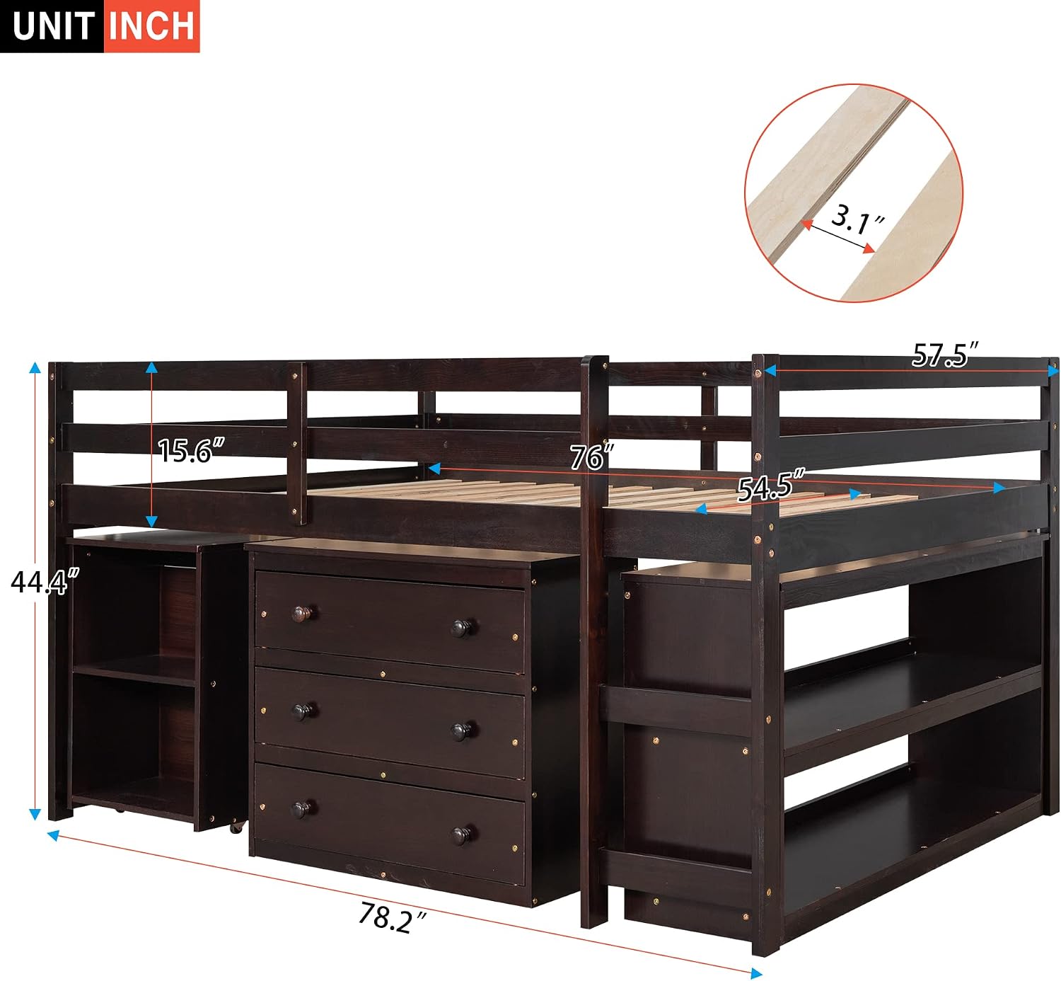 Low Loft Bed Loft Bed with Drawers and Storage Cabinet, Solid Wood Loft Bed with Desk and Shelves for Kids Teens Adults, No Box Spring Needed, Space Saving, Full Size, Espresso