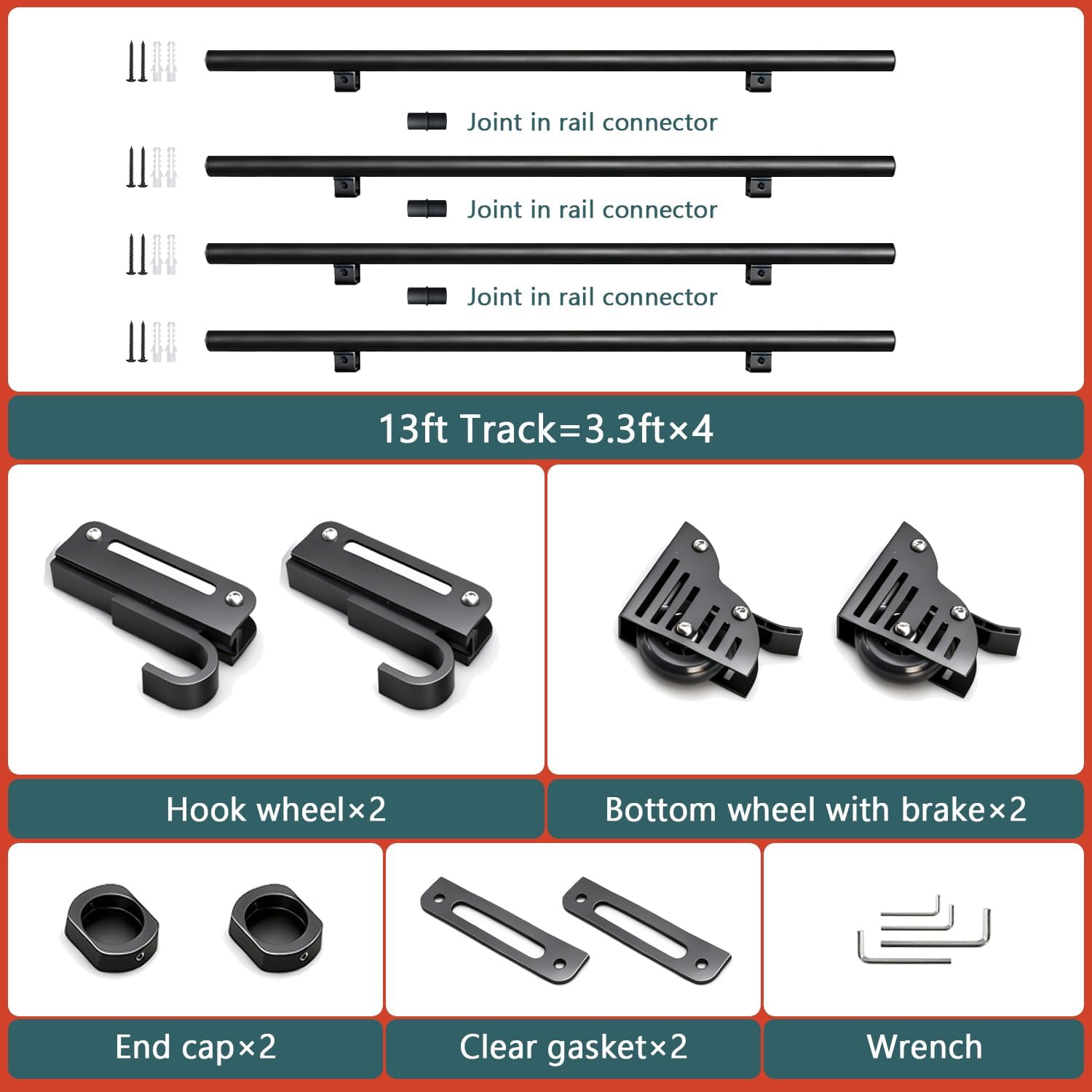 13FT Sliding Library Ladder Hardware Kit,Black Telescopic Top Hook,Bottom Wheel with Brake,MAX Load 300lbs,No Ladder
