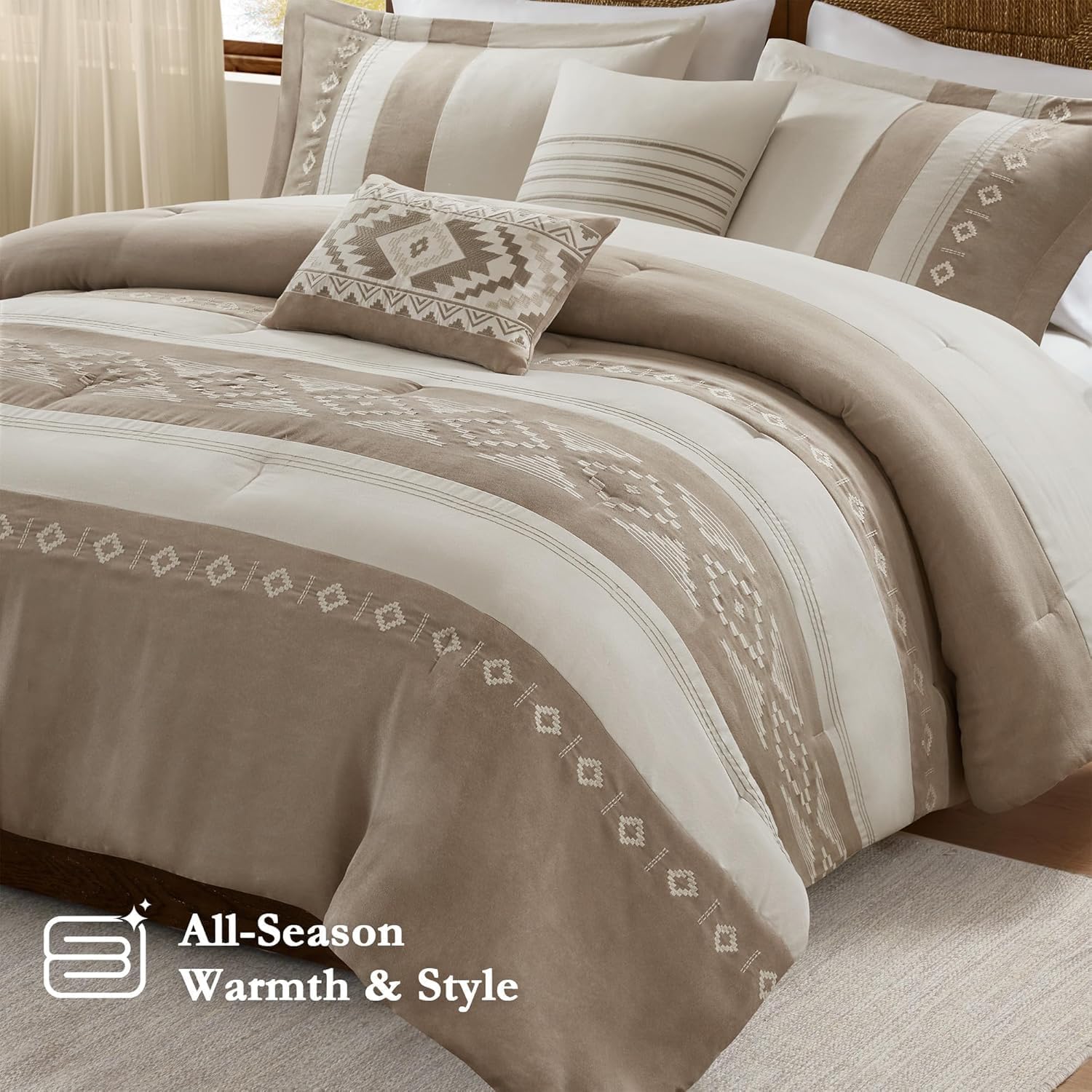 Woolrich Queen Comforter Set – Sutherland 5-Piece Microsuede Embroidered Bedding Set with Decorative Pillows, Taupe