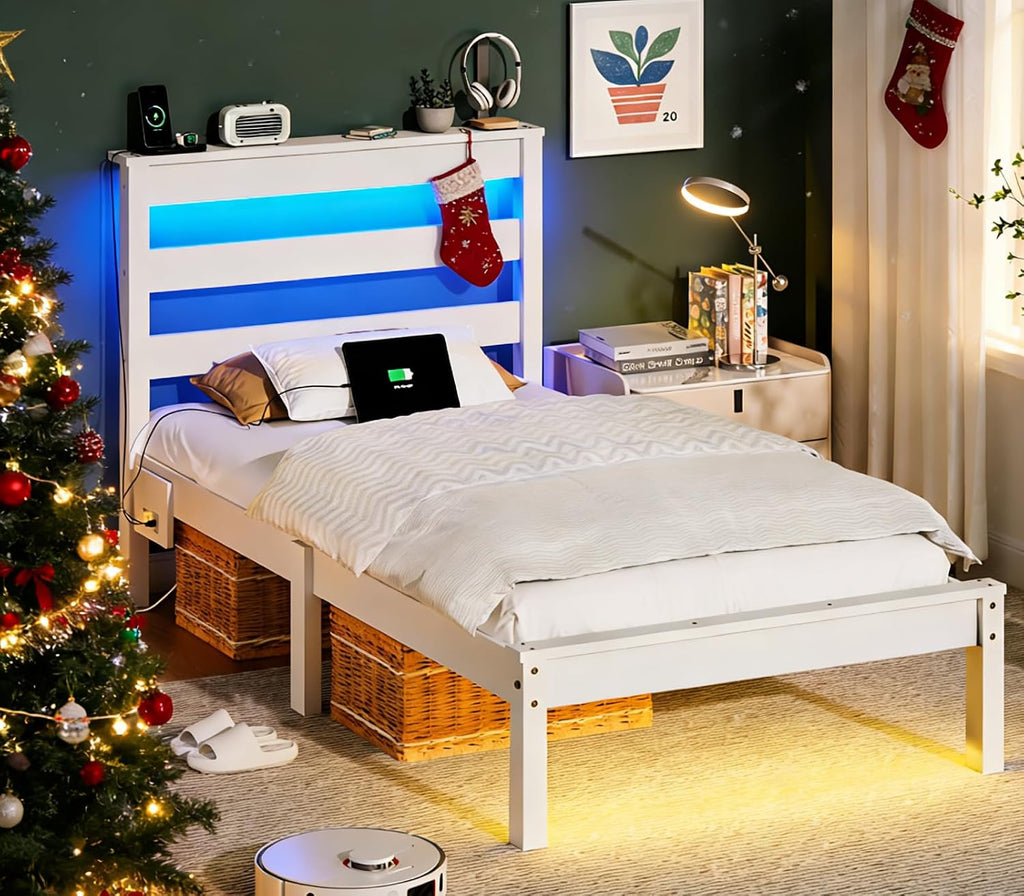 VINGLI Solid Wood Twin Bed Frame with LED Lights & USB Charging, Platform Bed with Storage Headboard Shelf, No Box Spring Needed, Noise-Free, Easy Assembly,White