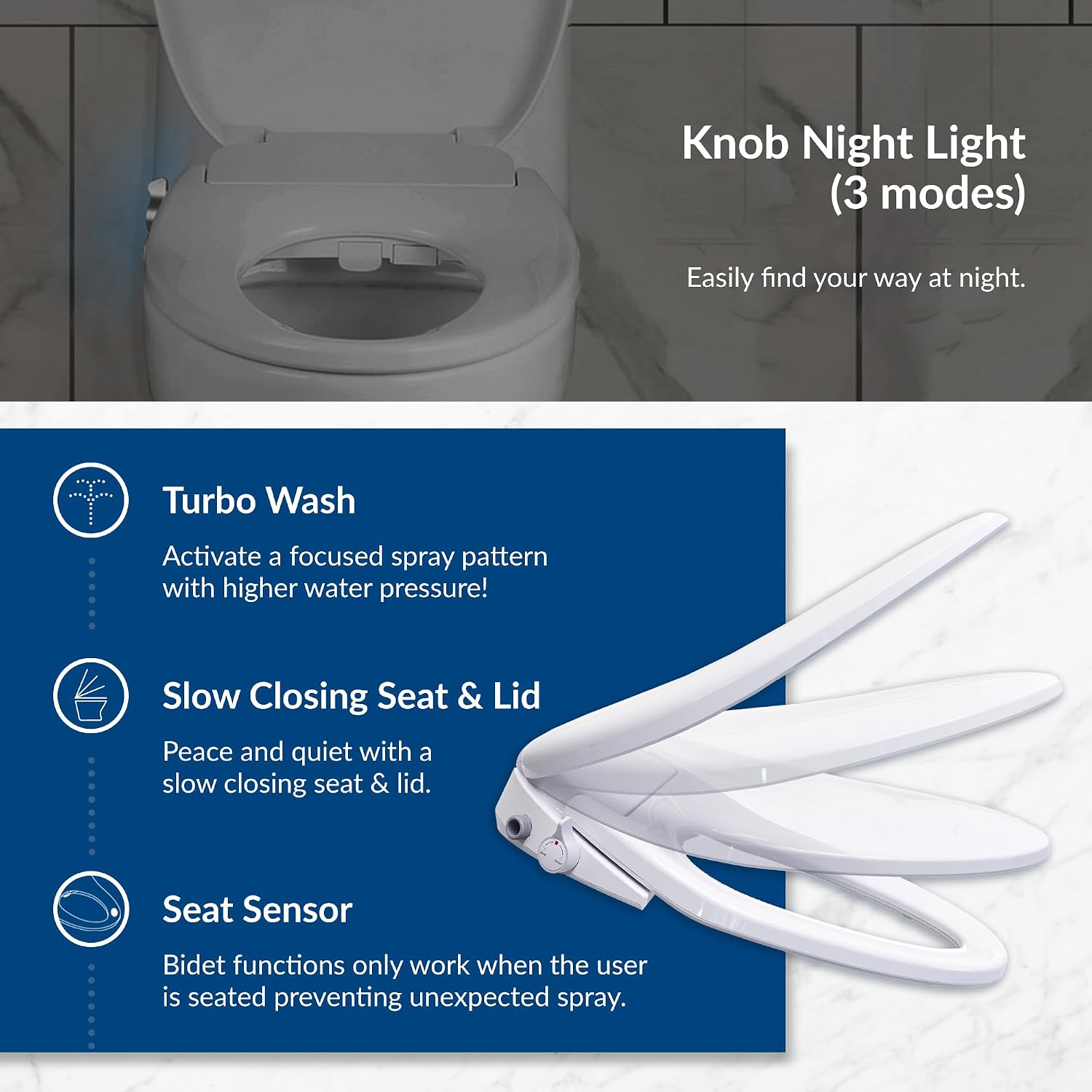 Bio Bidet Bliss BB550 Heated Bidet Seat with Warm Water Wash & Air Dryer, Night Light, Low Profile Design, Elongated