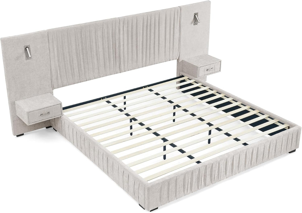 Chenille Upholstered King Size Bed Frame with Pleated Design, Integrated Headboard and Nightstands, Adjustable Bedside Lamps, No Box Spring Needed, Luxury Bedroom Furniture (Light Beige)