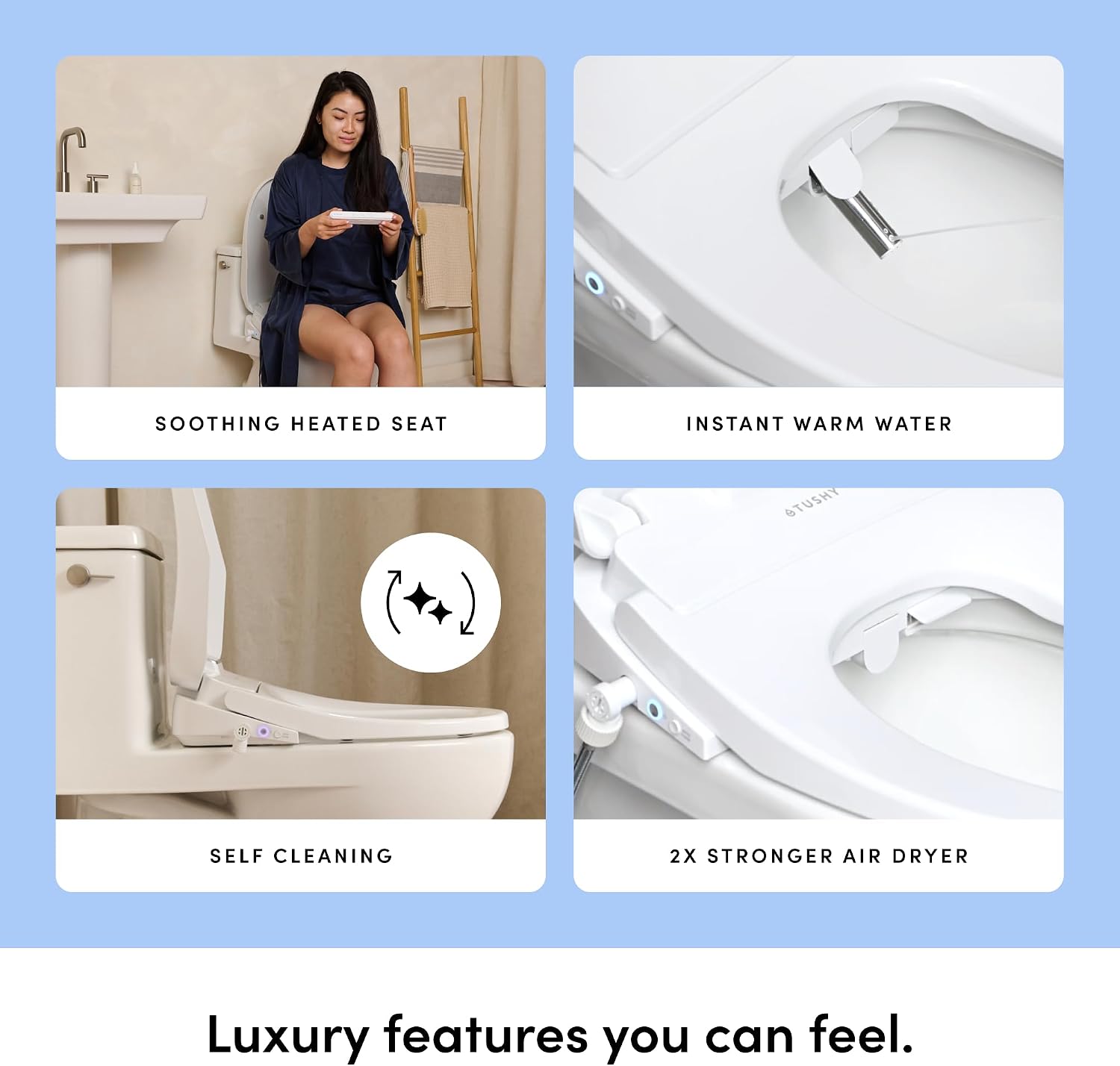 TUSHY Aura Luxury Electric Bidet Seat: Heated Toilet Seat with Temperature Control, Self-Cleaning Nozzle, Instant Adjustable Warm Water & Dryer (Remote Control & Auto Open, Soft Close Lid), Elongated