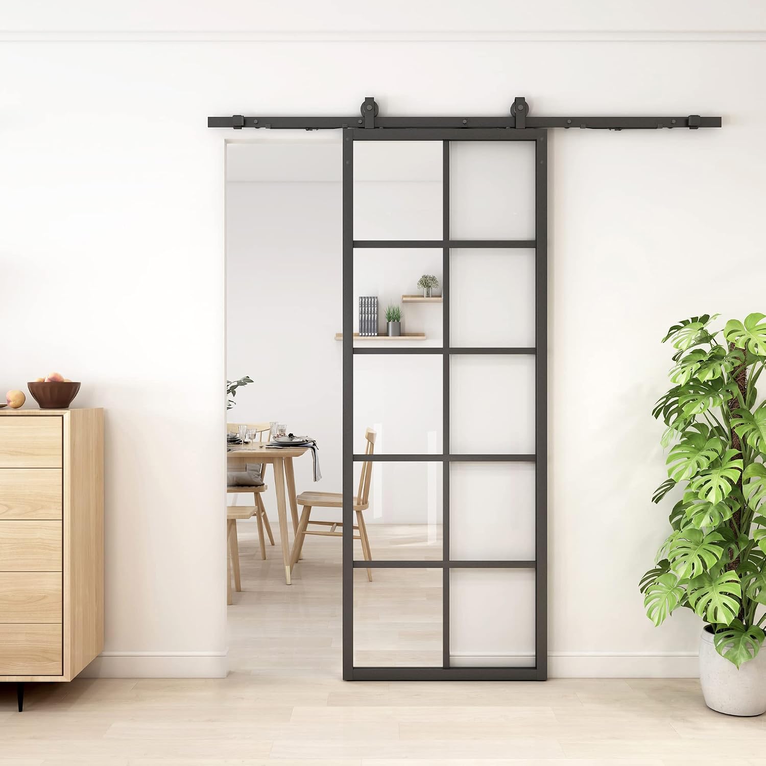 JUBEST DIY Glass Sliding Barn Door - 30in x 84in Modern French 5-Lite Clear Tempered Glass Aluminum Frame Sliding Closet Kitchen Door - Easy Assembly
