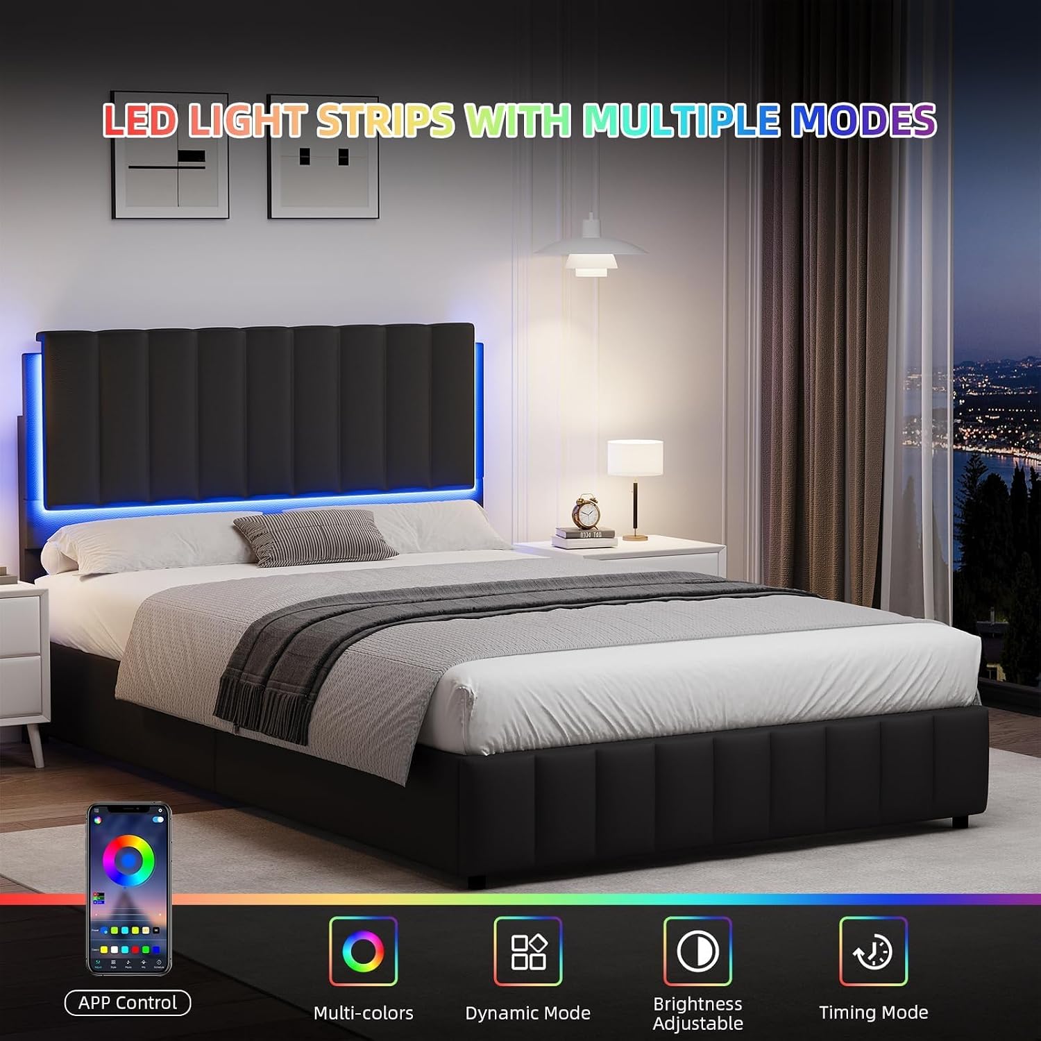 REVOMINCA Full Size Bed Frame with LED Lights, Faux Leather Upholstered Platform Bed with Headboard and Wooden Slats Support, No Box Spring Needed, Noise-Free, Easy Assembly, Black