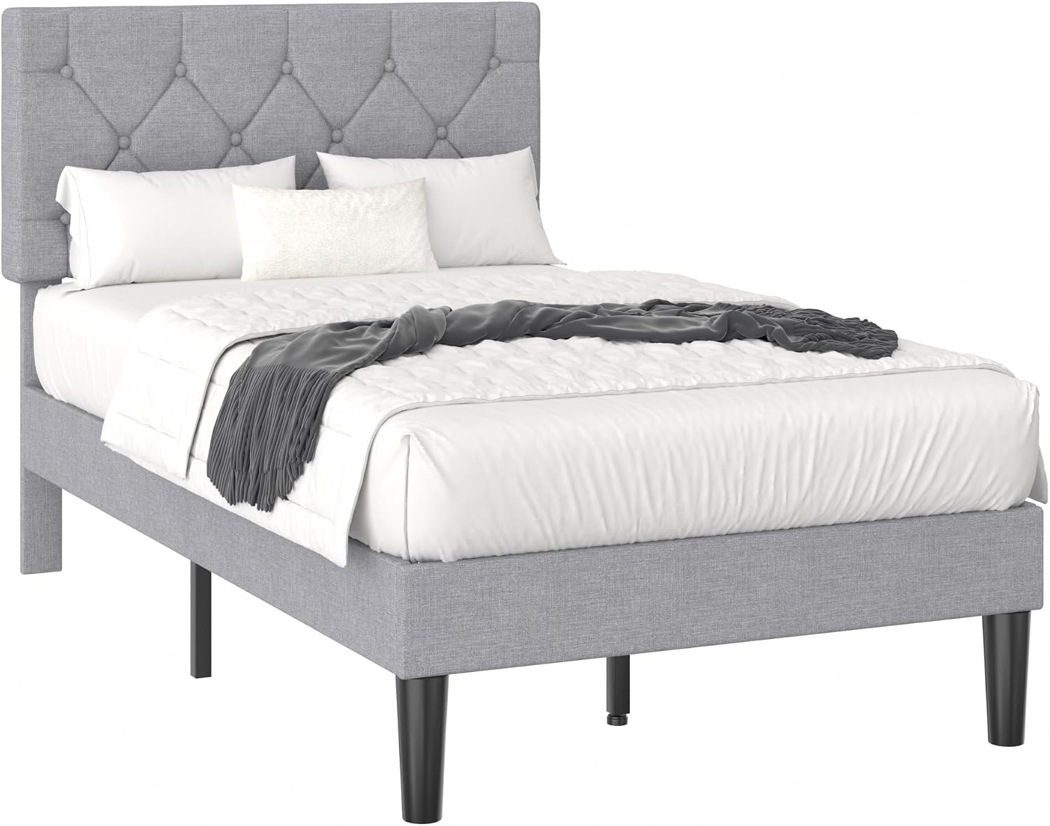 VECELO Twin Bed Frame with Button Tufted Headboard, Upholstered Platform with Wooden Slat Support, No Box Spring Needed, Linen Grey