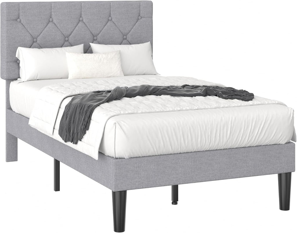 VECELO Twin Bed Frame with Button Tufted Headboard, Upholstered Platform Bedframe with Wood Slat Support, No Box Spring Needed, Dark Grey
