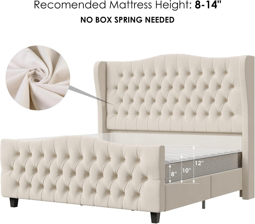 Keyluv Full Size 54.3' Tall Platform Bed Frame with Deep Button Tufted Wingback Headboard and Footboard, Velvet Upholstered Bed Frame with Handmade Pleats, No Box Spring Needed, Beige/Cream