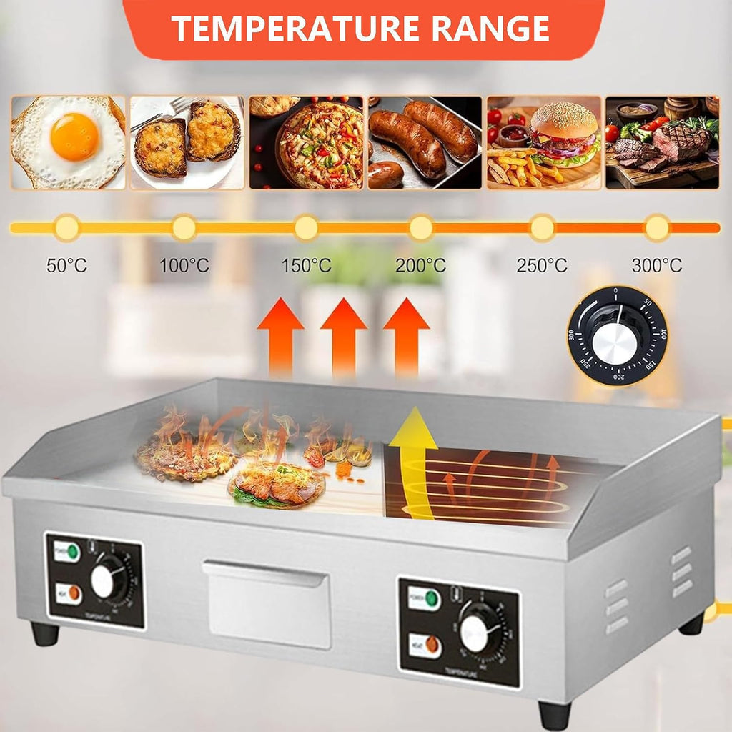 Electric Griddle, Commercial Flat Top Grill, Stainless Steel Steak Bacon Fryer, Countertop Burger Bacon Grill Plate Pancake Maker, with 3 Cleaning Shovels & 3 C，4400W