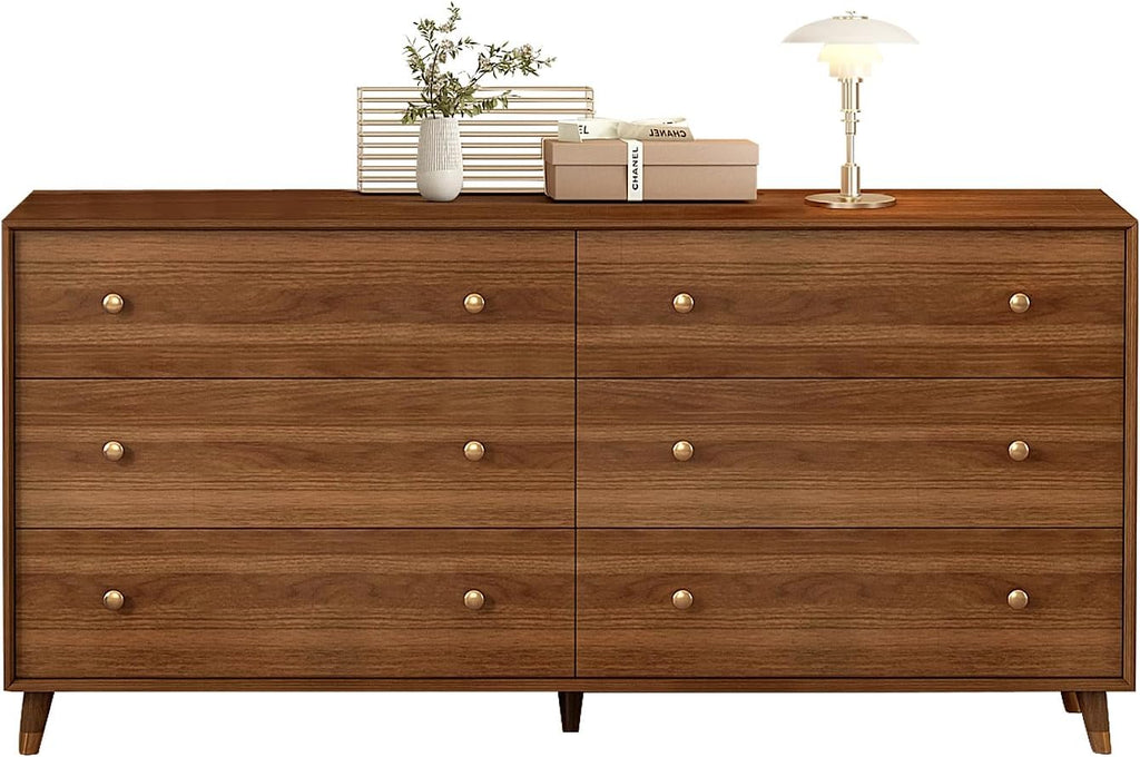 Messenya 6 Drawer Dresser for Bedroom, 55 Inch Walnut Dresser for Closet, Mid Century Wood Chest of Drawers with Natural Texture & Pre-Embedded Slots for TV Stand, Living Room, Hallway, Office