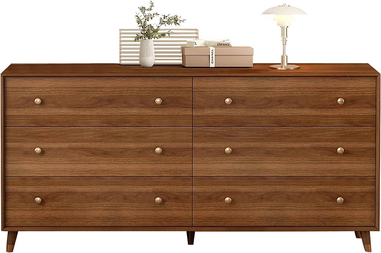 Messenya 6 Drawer Dresser for Bedroom, 55 Inch Walnut Dresser for Closet, Mid Century Wood Chest of Drawers with Natural Texture & Pre-Embedded Slots for TV Stand, Living Room, Hallway, Office