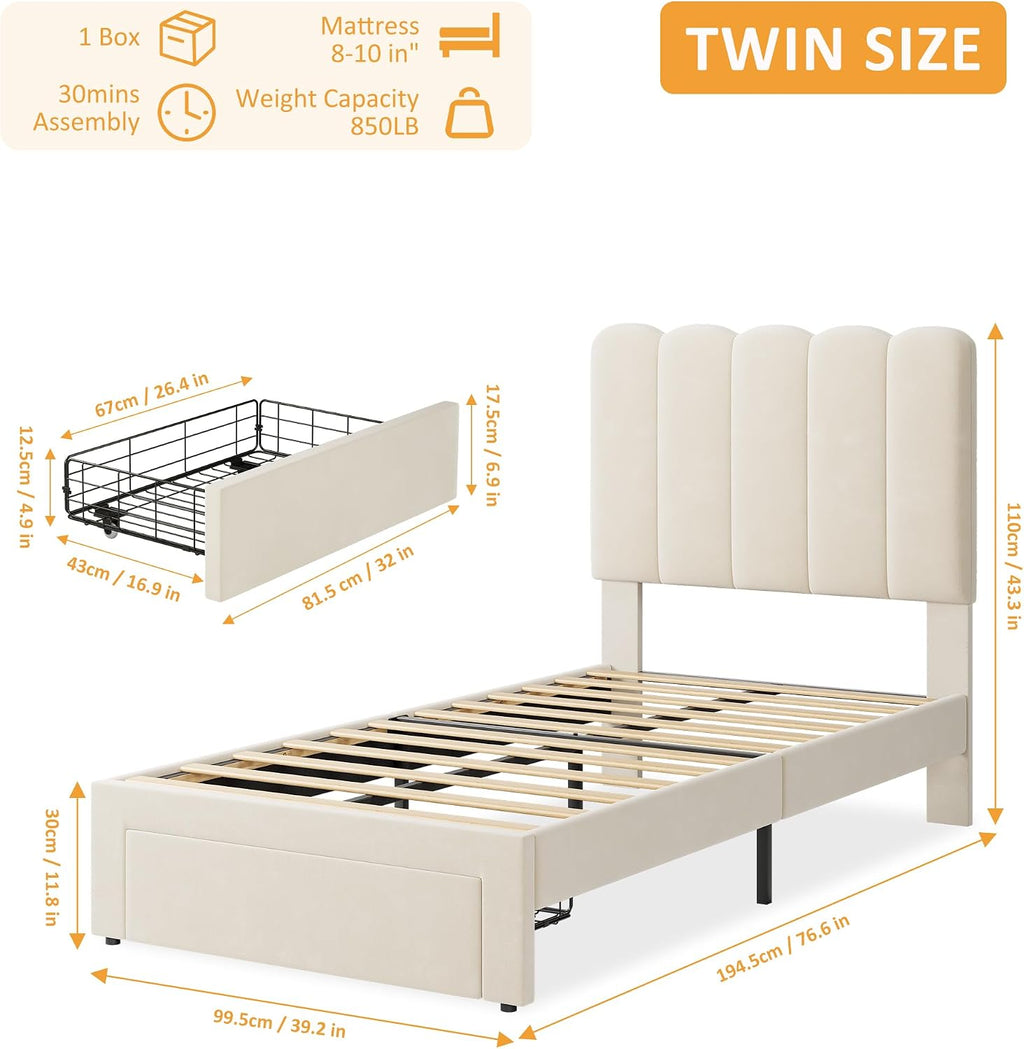 IDEALHOUSE Twin Bed Frame with Storage Drawer and Headboard, Velvet Upholstered Twin Platform Bed Frame for Girls, Strong Wooden Slats Support, Noise-Free, Easy Assembly (Beige)
