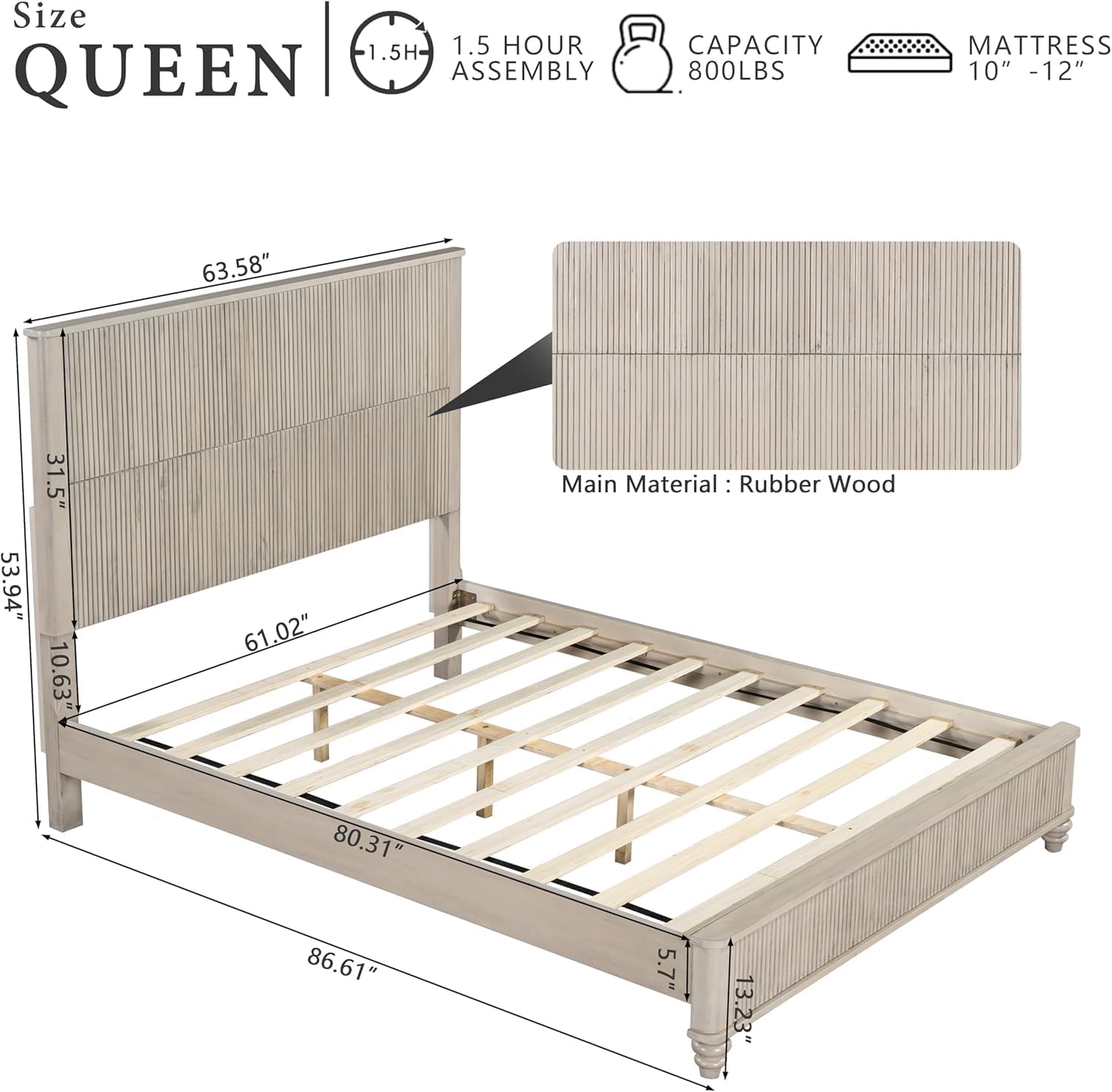 Queen Size Solid Wood Platform Bed Frame, Solid Wood Bed with 63.58' Headboard, Solid Wood Leg/No Box Spring Needed/Noise Free/Beige