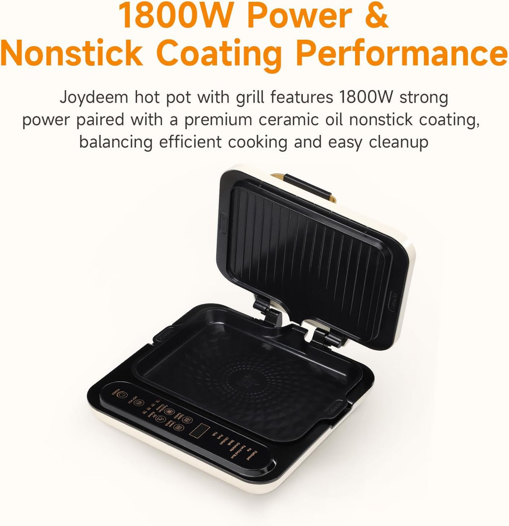 Joydeem Electric Grill with Hot Pot, Shabu Shabu Pot with Grill, Foldable & Detachable Design, 1800W, 4.75Qt Large Capacity, Ceramic Oil Non-Stick Coating, 8 Functions & DIY Mode, SKG-B430