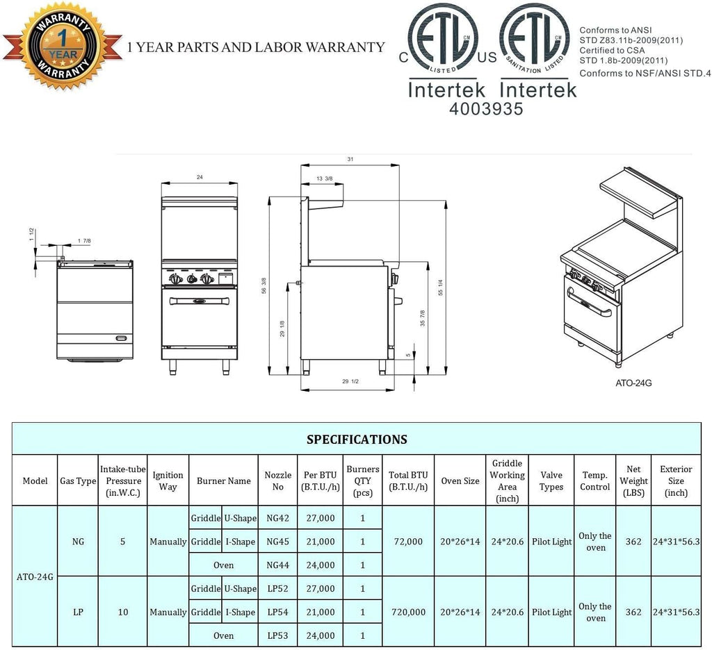 Atosa AGR Commercial Gas Range, 24' Gas Range, Griddle Top, (1) 20' Standard Oven, Propane Gas (AGR-24G-LP)