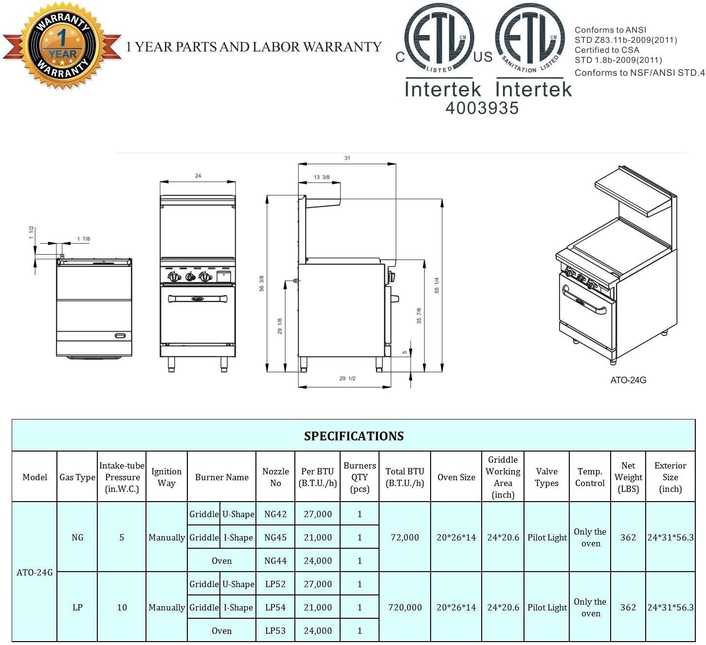 Atosa AGR Commercial Gas Range, 24' Gas Range, Griddle Top, (1) 20' Standard Oven, Natural Gas (AGR-24G-NG)