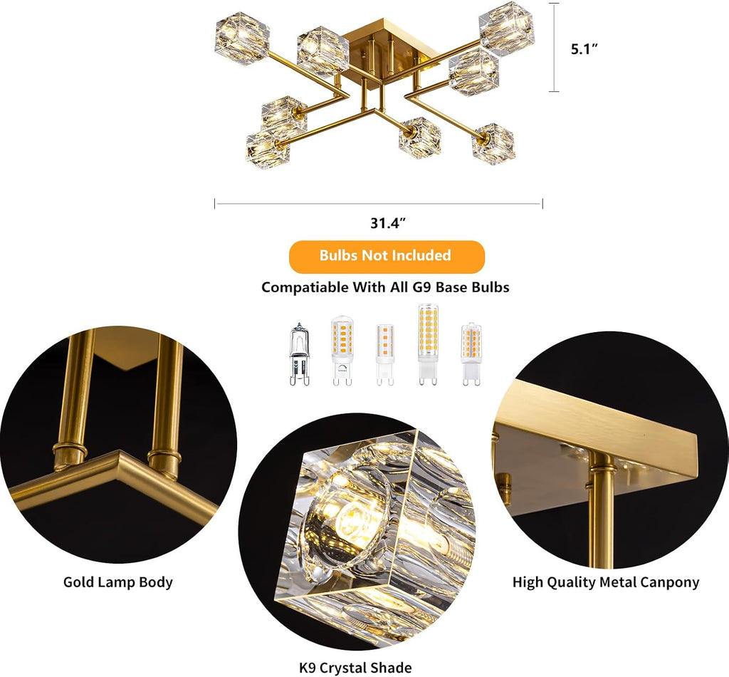 Modern Crystal Ceiling Light,Semi Flush Mount Ceiling Light Fixture with 8-Lights,Gold Sputnik Chandeliers for Bedroom,Dining Room,Farmhouse Kitchen,Office,Living Room