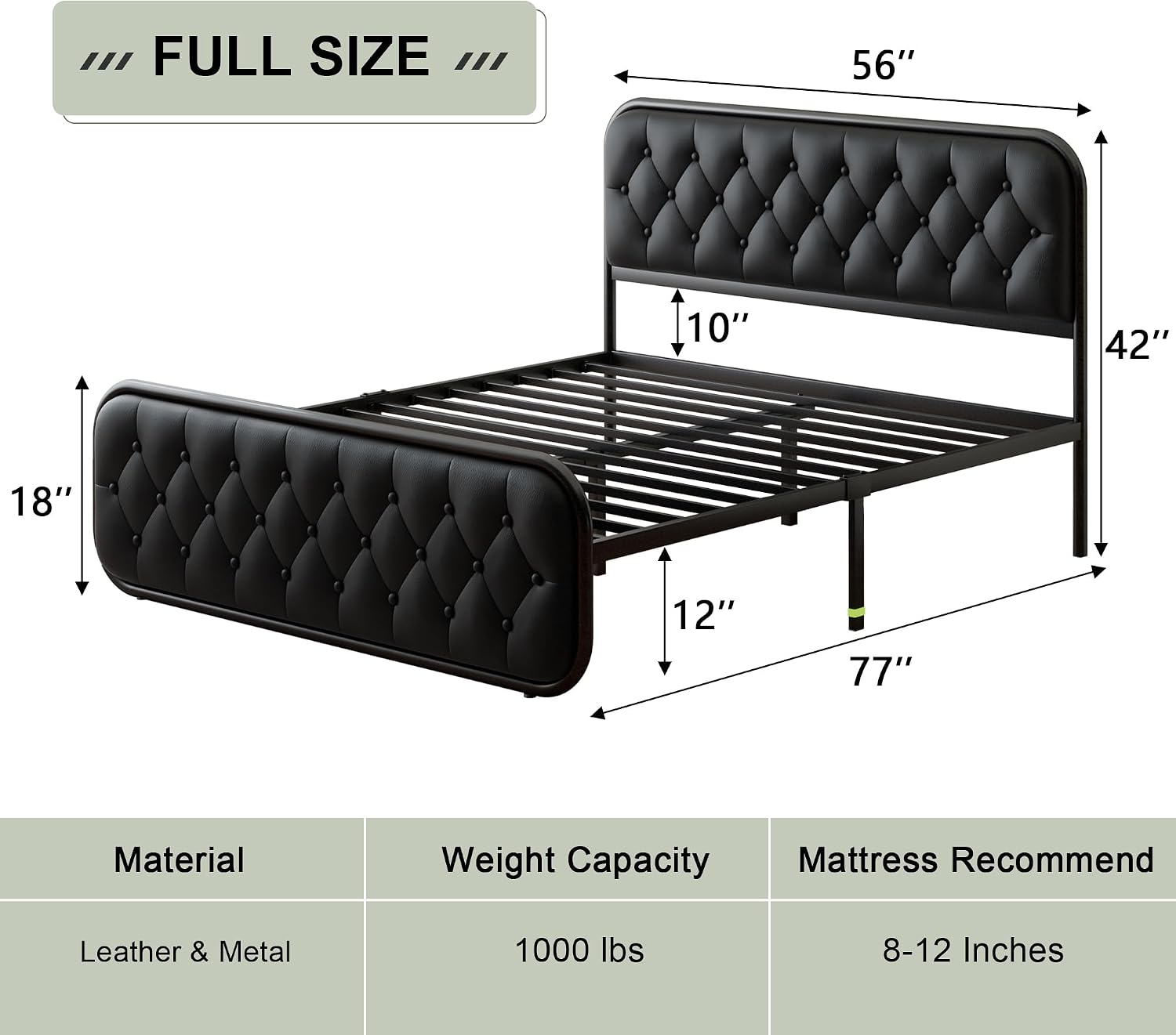 Feonase Full Size Bed Frame, Heavy Duty Bed Frame with Faux Leather Headboard, Upholstered Platform Bed with Strong Metal Slats, 12' Under-Bed Storage, Noise-Free, Easy Assembly, Black